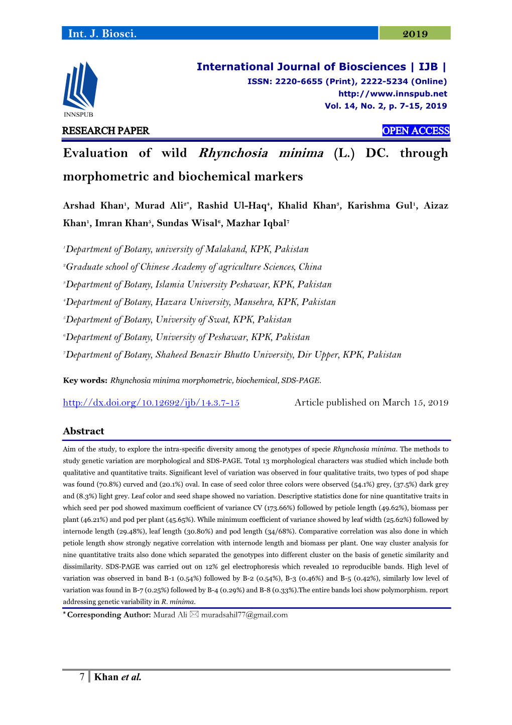 Evaluation of Wild Rhynchosia Minima (L.) DC. Through Morphometric and Biochemical Markers