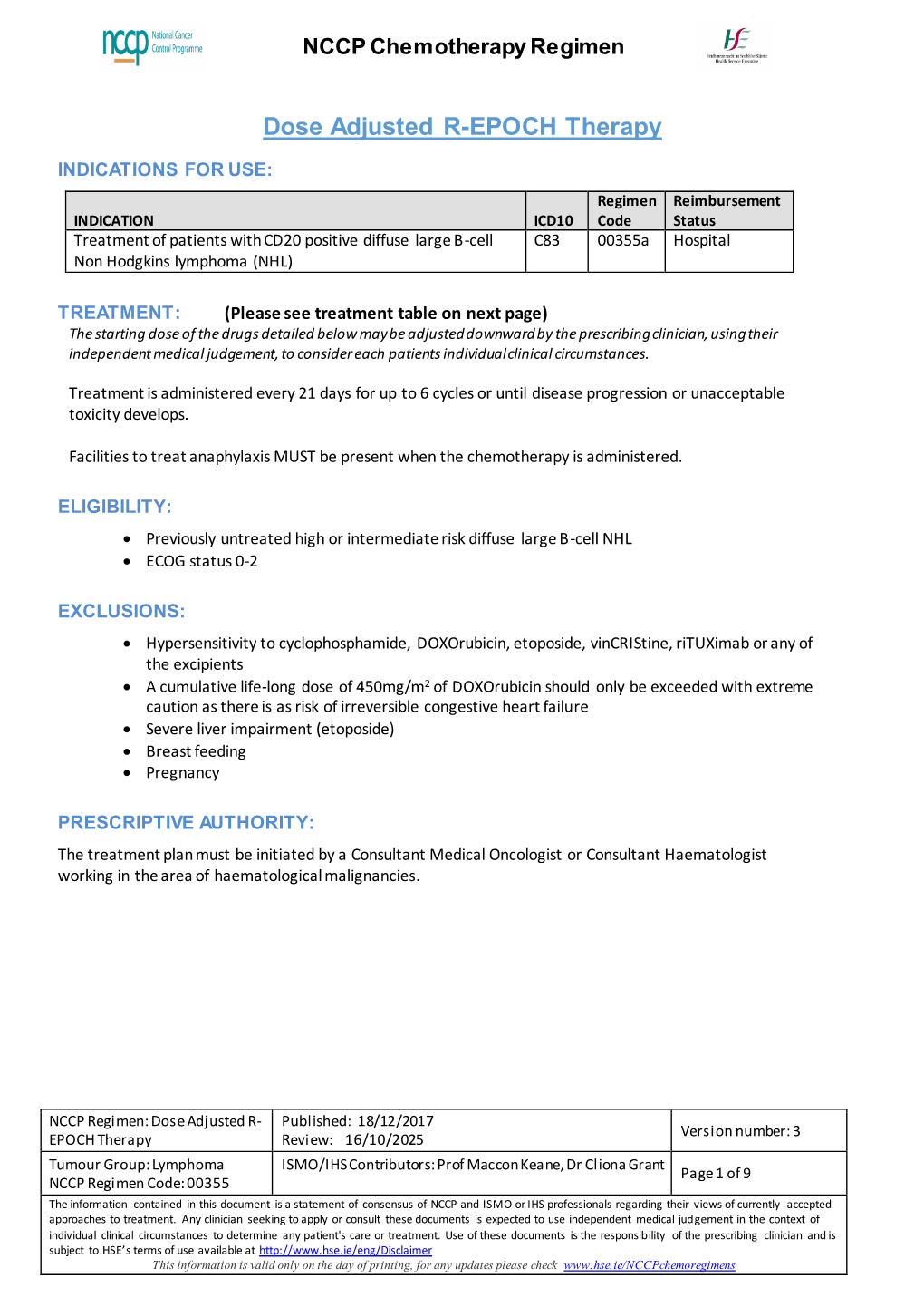 NCCP Chemotherapy Regimen