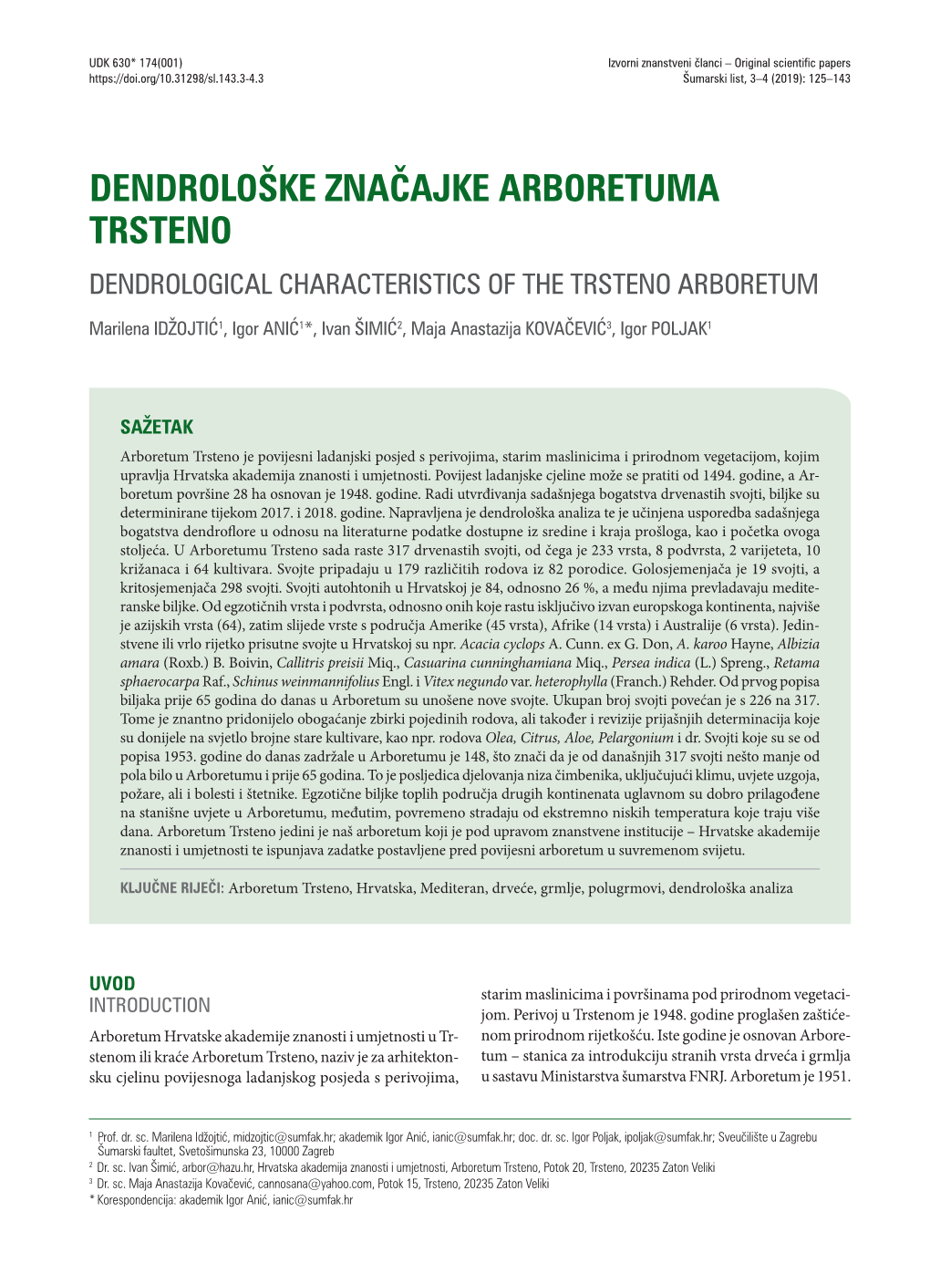 Dendrološke Značajke Arboretuma Trsteno Dendrological Characteristics of the Trsteno Arboretum