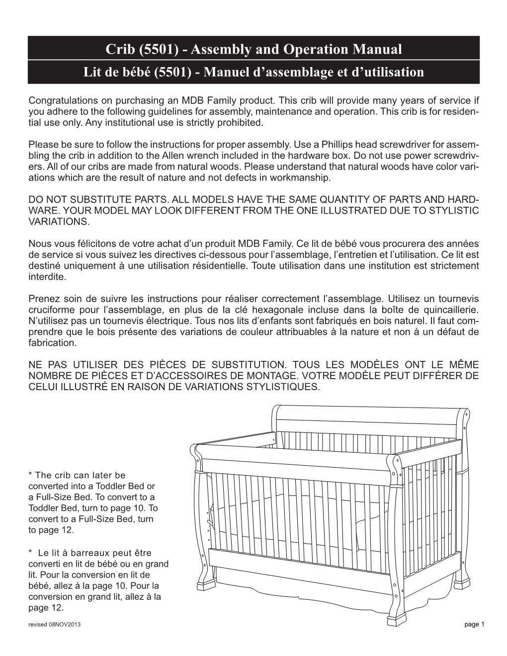 Crib (5501) - Assembly and Operation Manual Lit De Bébé (5501) - Manuel D’Assemblage Et D’Utilisation