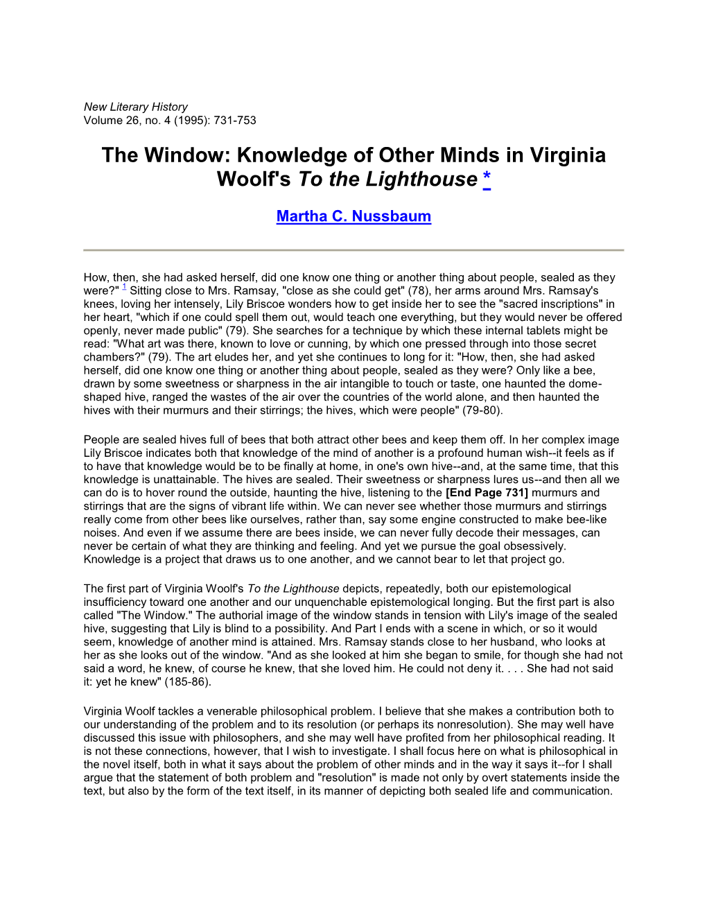 The Window: Knowledge of Other Minds in Virginia Woolf's to the Lighthouse *