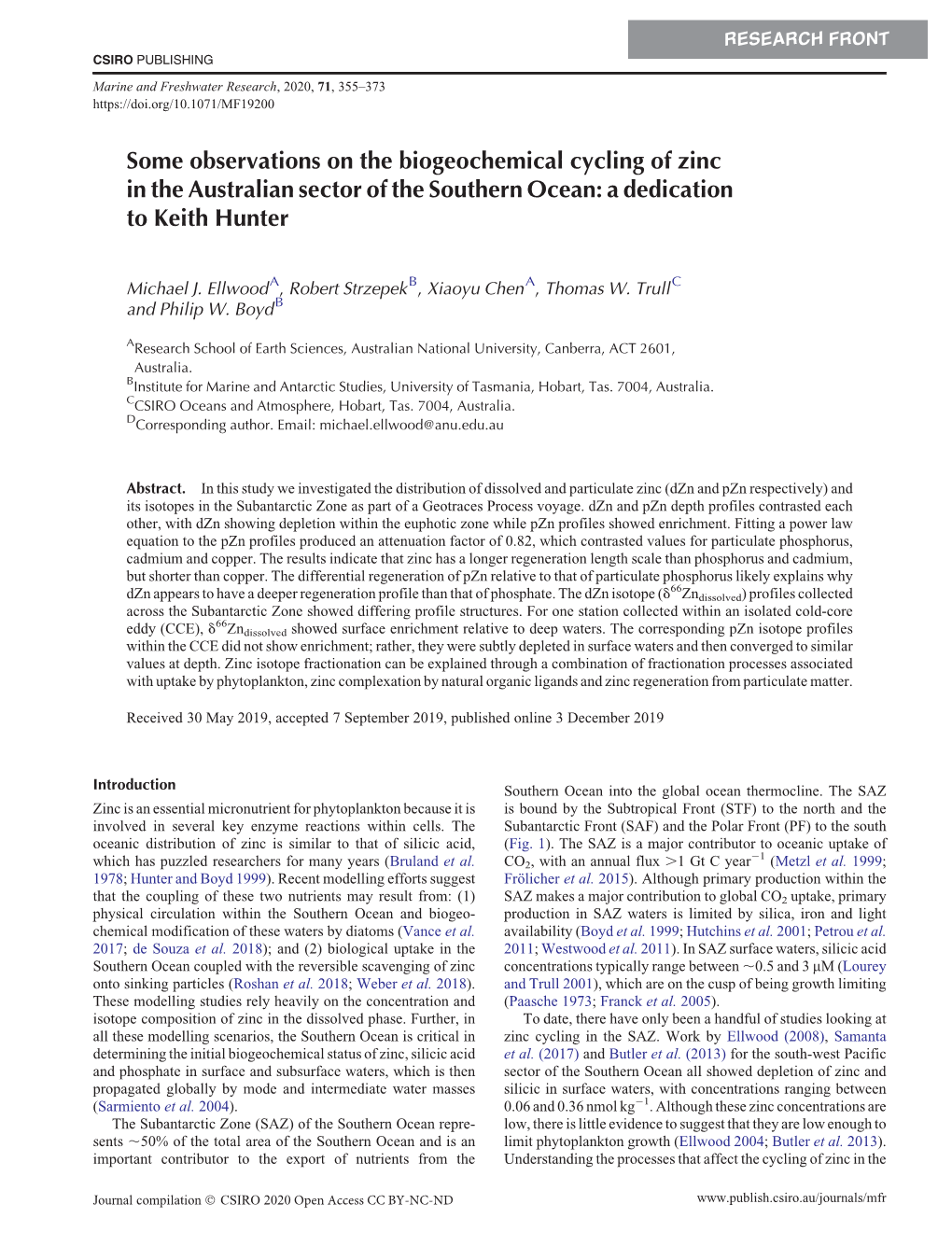 Some Observations on the Biogeochemical Cycling of Zinc in the Australian Sector of the Southern Ocean: a Dedication to Keith Hunter