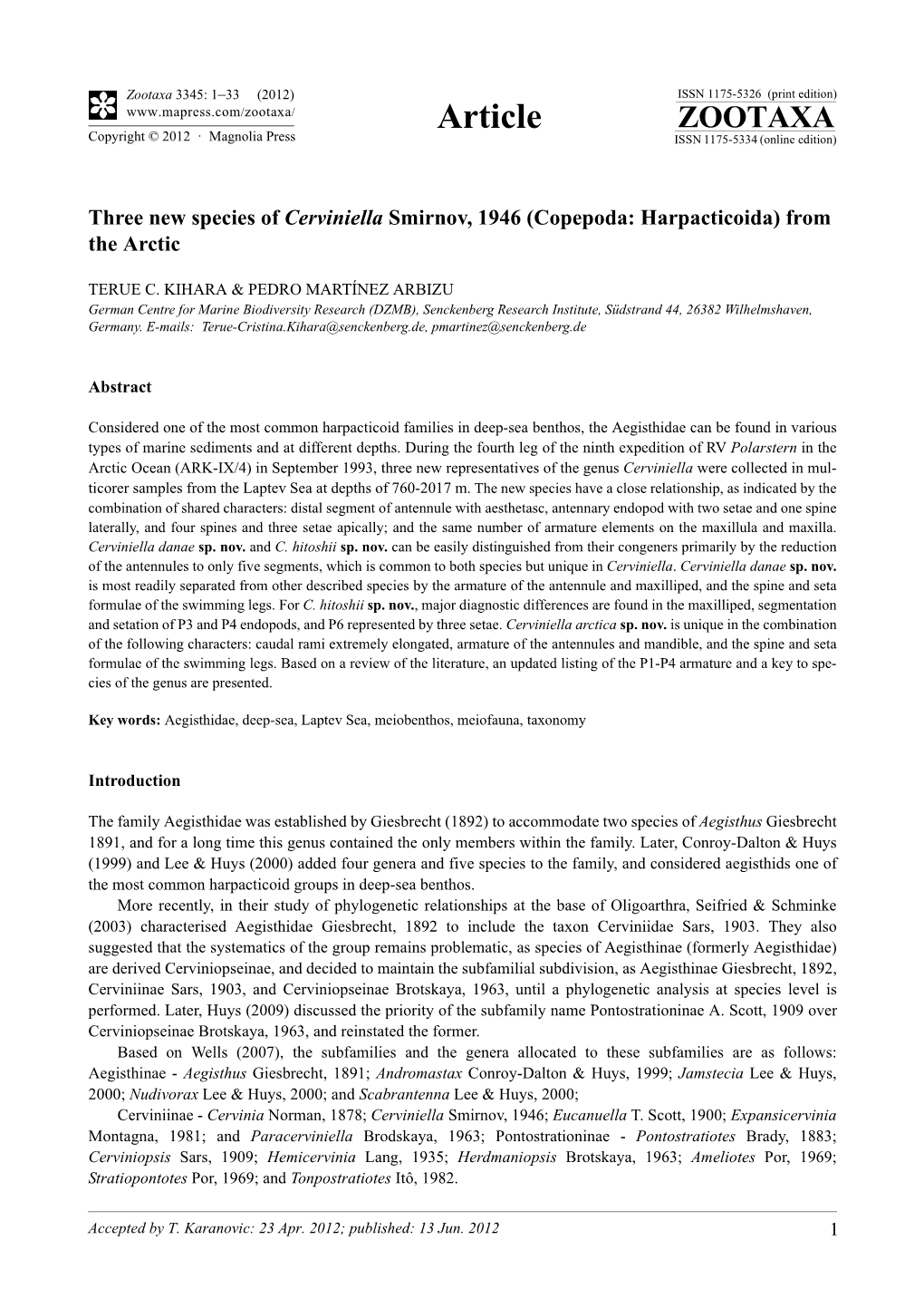 Three New Species of Cerviniella Smirnov, 1946 (Copepoda: Harpacticoida) from the Arctic