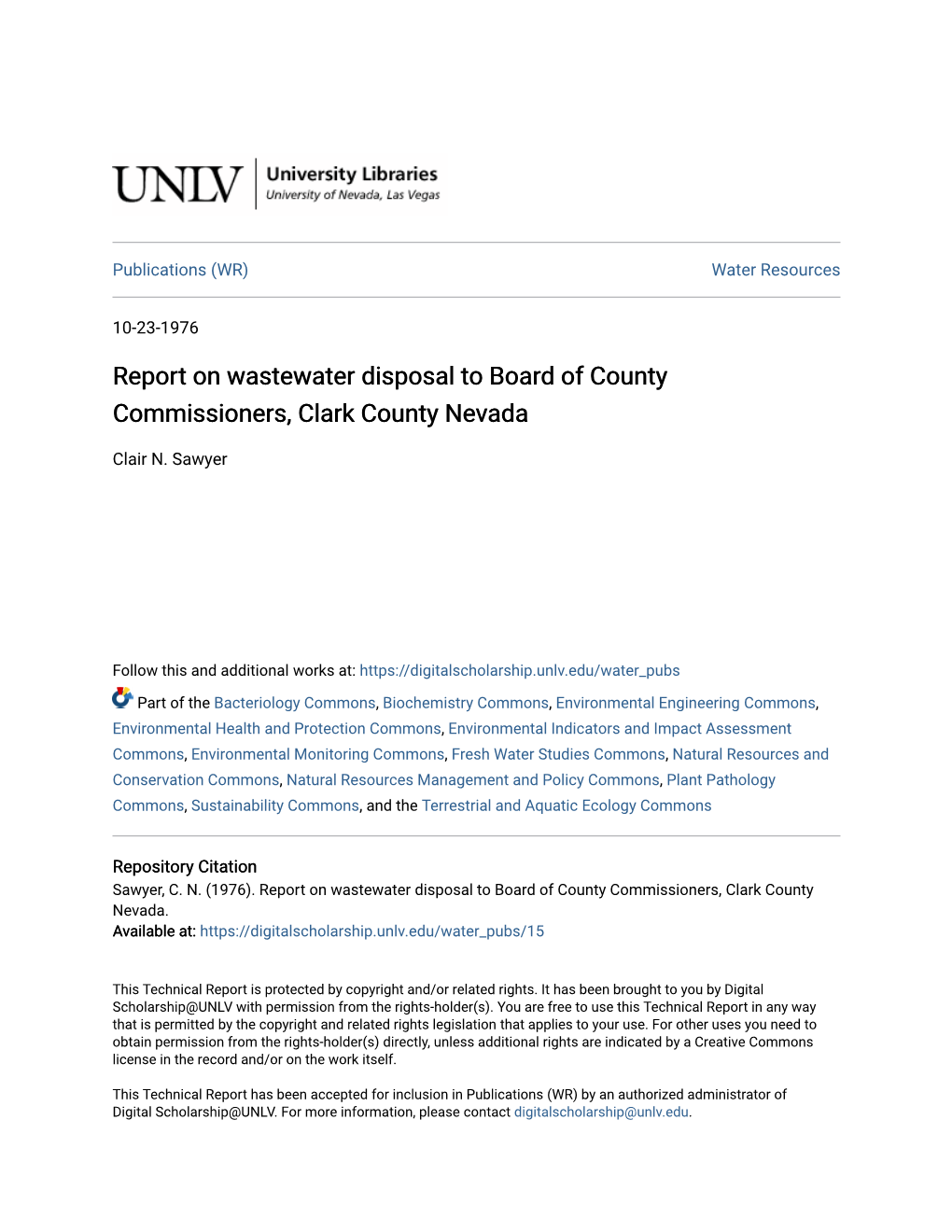 Report on Wastewater Disposal to Board of County Commissioners, Clark County Nevada