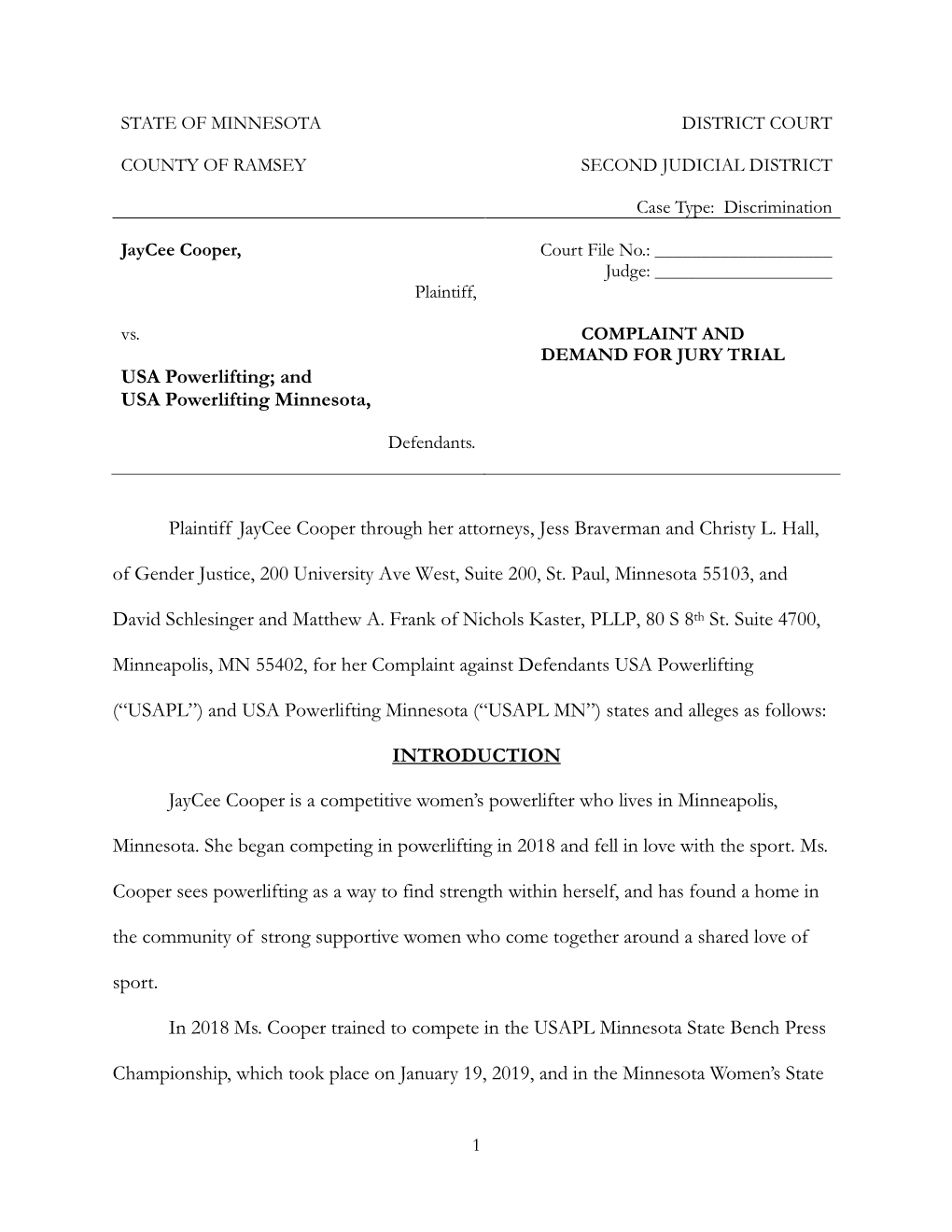 And USA Powerlifting Minnesota, Plaintiff Jaycee Cooper Through Her Attorneys, Jess Braverman and Christy L