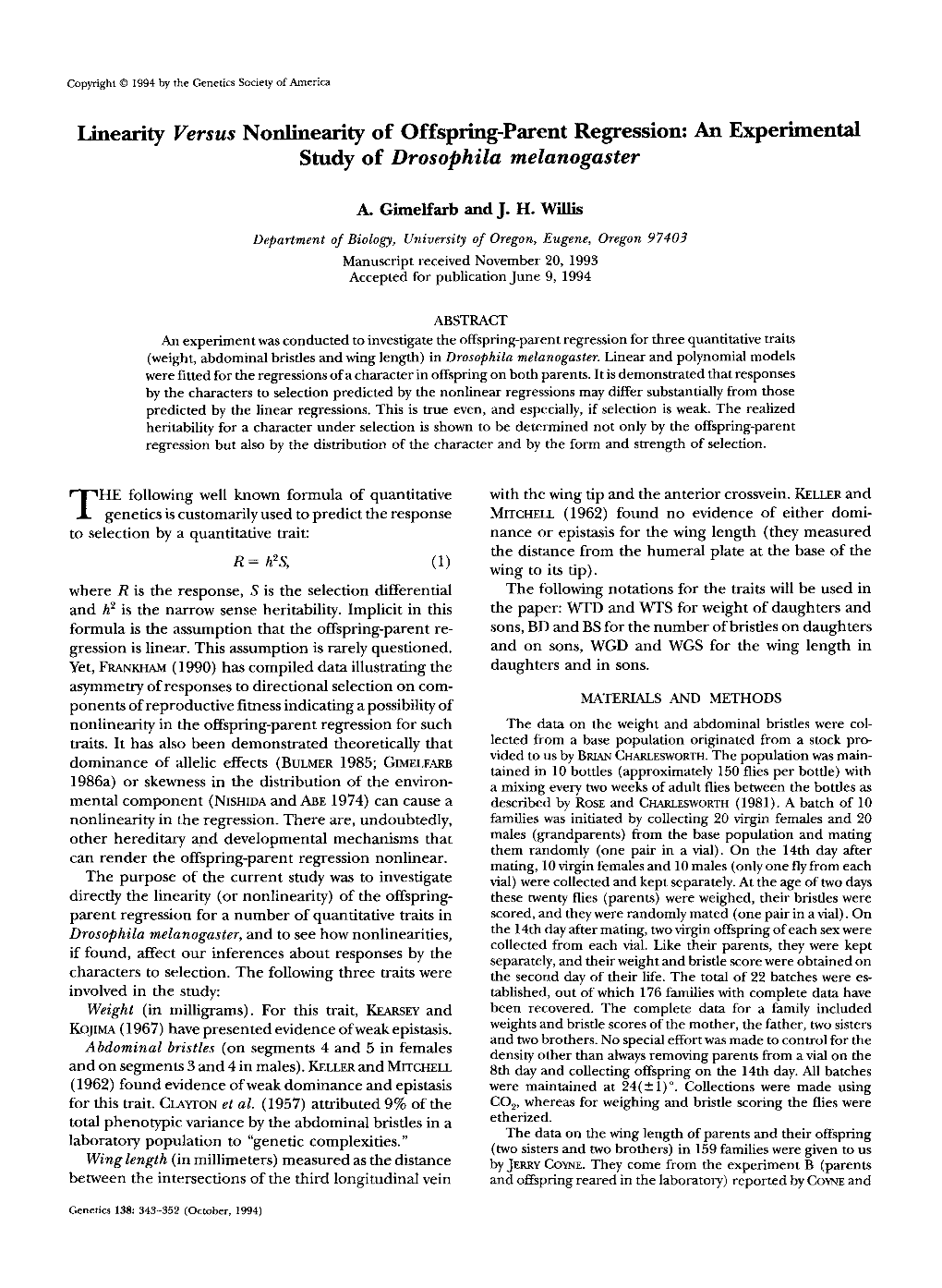 Linearity Versus Nonlinearity of Offspring-Parent Regression: an Experimental