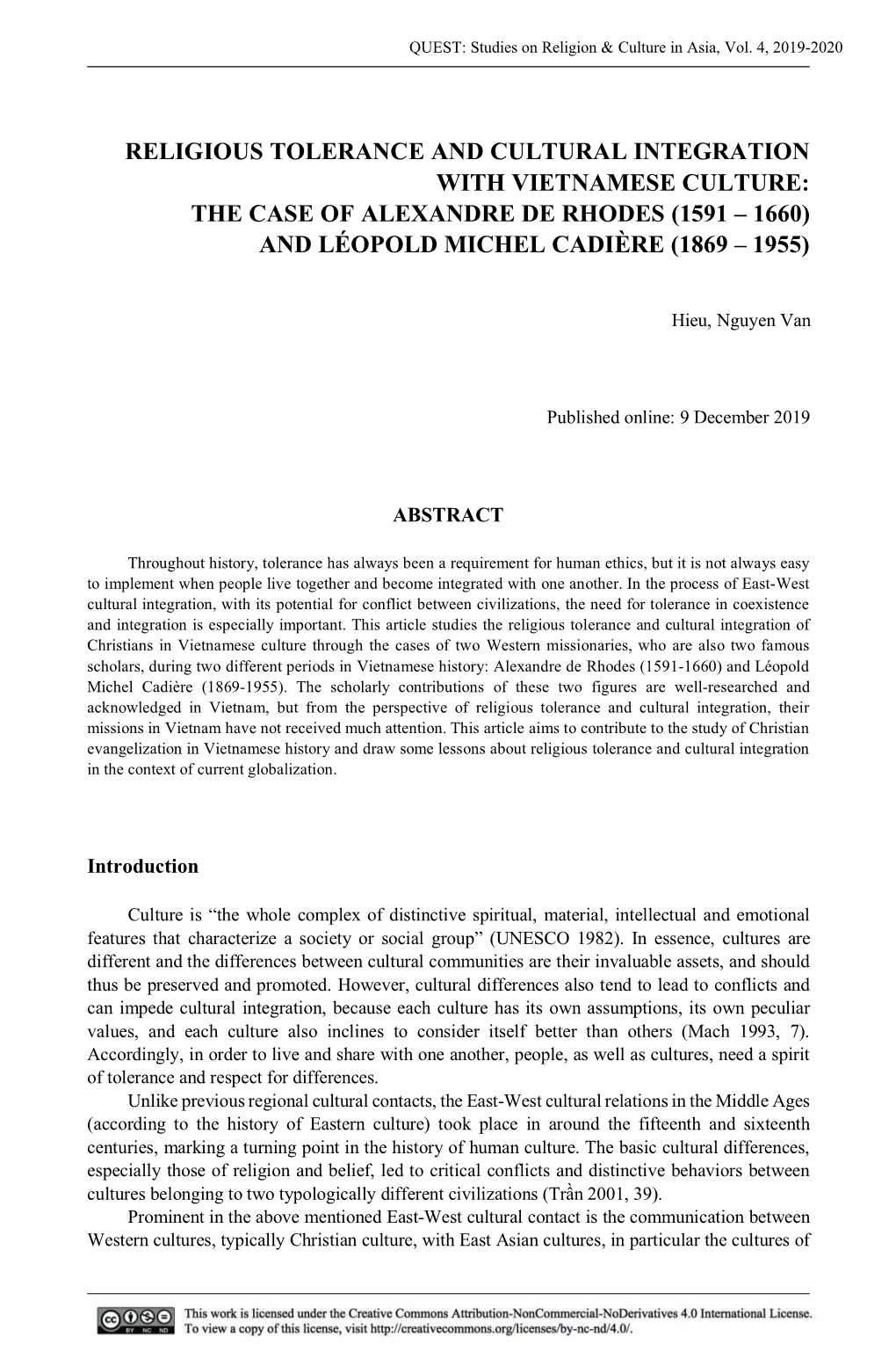 Religious Tolerance and Cultural Integration with Vietnamese Culture: the Case of Alexandre De Rhodes (1591 – 1660) and Léopold Michel Cadière (1869 – 1955)