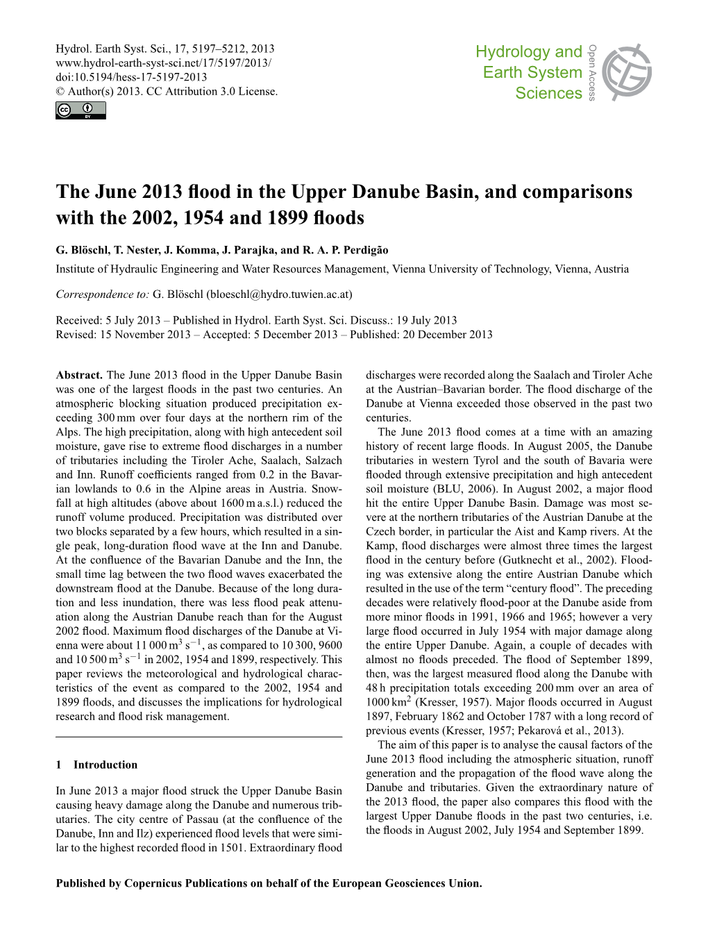 The June 2013 Flood in the Upper Danube Basin, and Comparisons