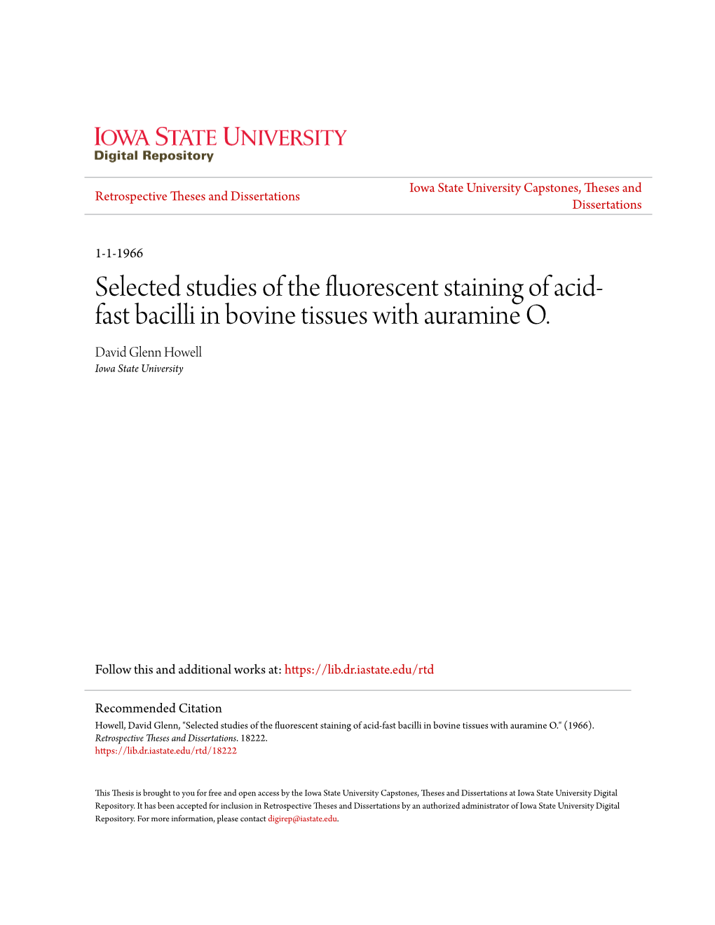 Selected Studies of the Fluorescent Staining of Acid-Fast Bacilli in Bovine Tissues with Auramine O.