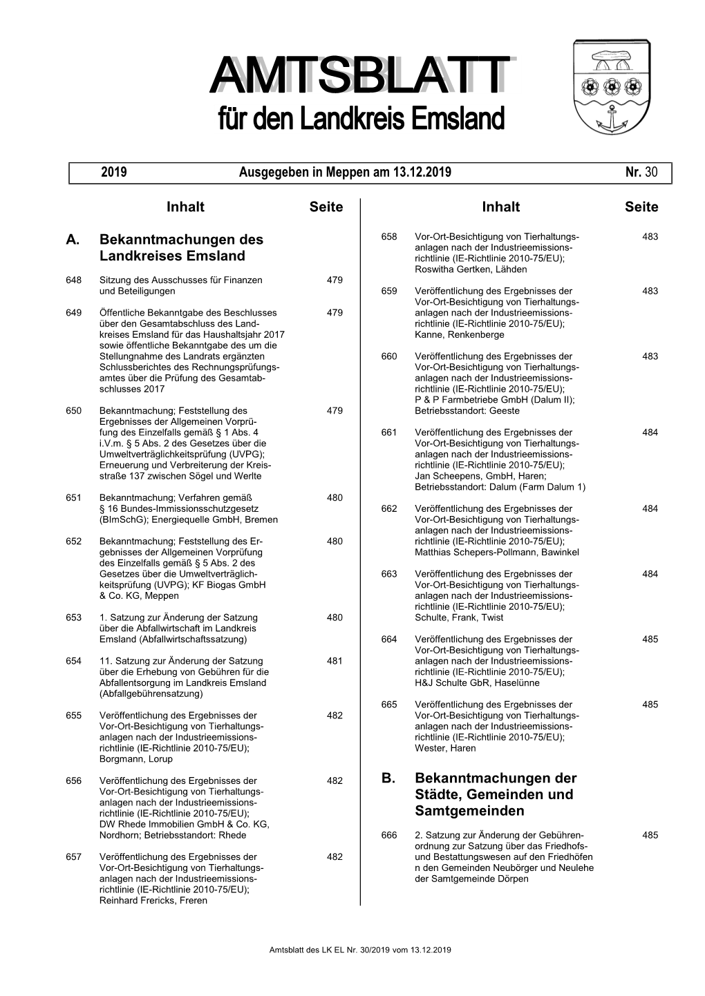 Inhalt Seite A. Bekanntmachungen Des Landkreises Emsland