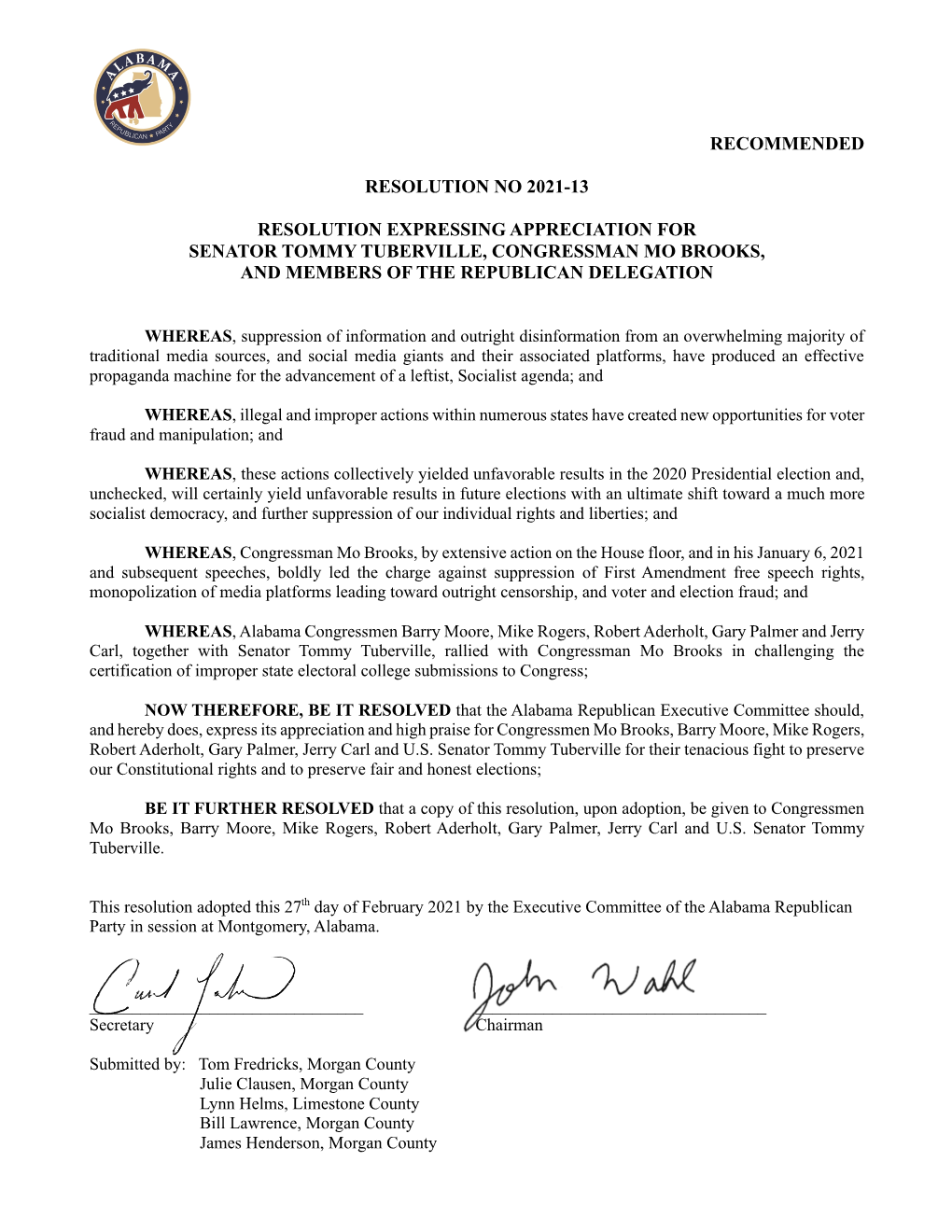 Resolution Expressing Appreciation for Senator Tommy Tuberville, Congressman Mo Brooks, and Members of the Republican Delegation