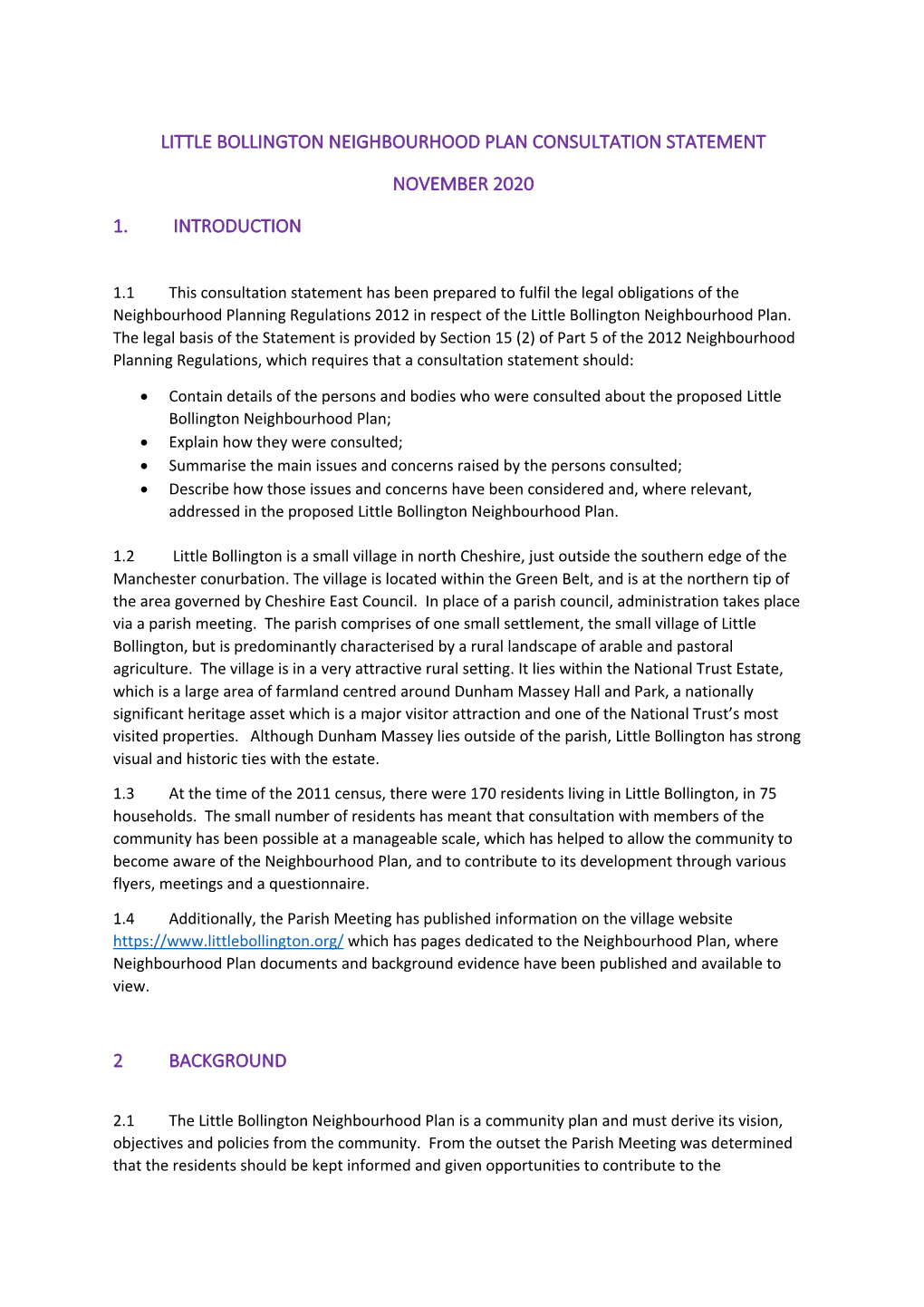 Little Bollington Neighbourhood Plan Consultation Statement