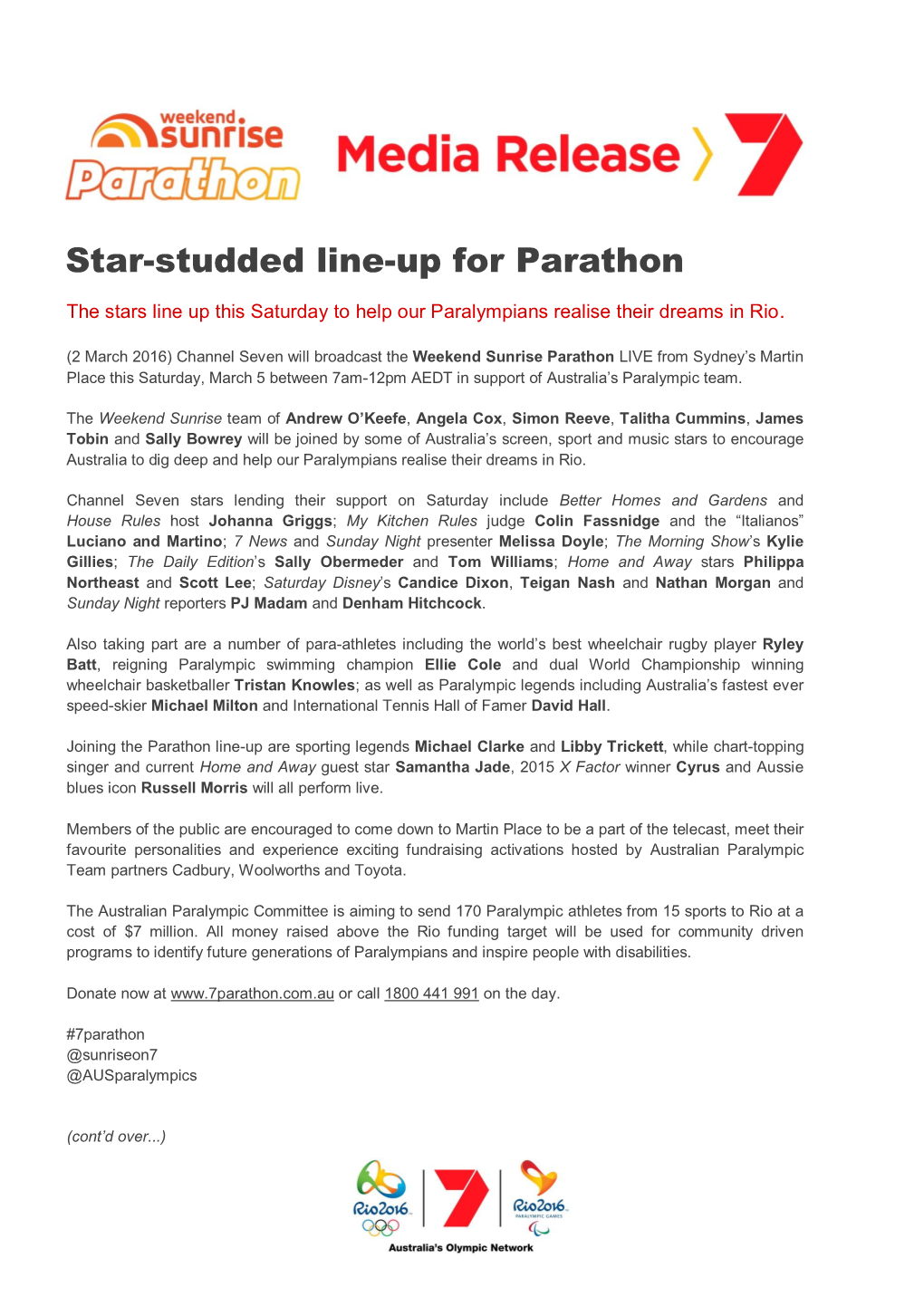 Star-Studded Line-Up for Weekend Sunrise Parathon