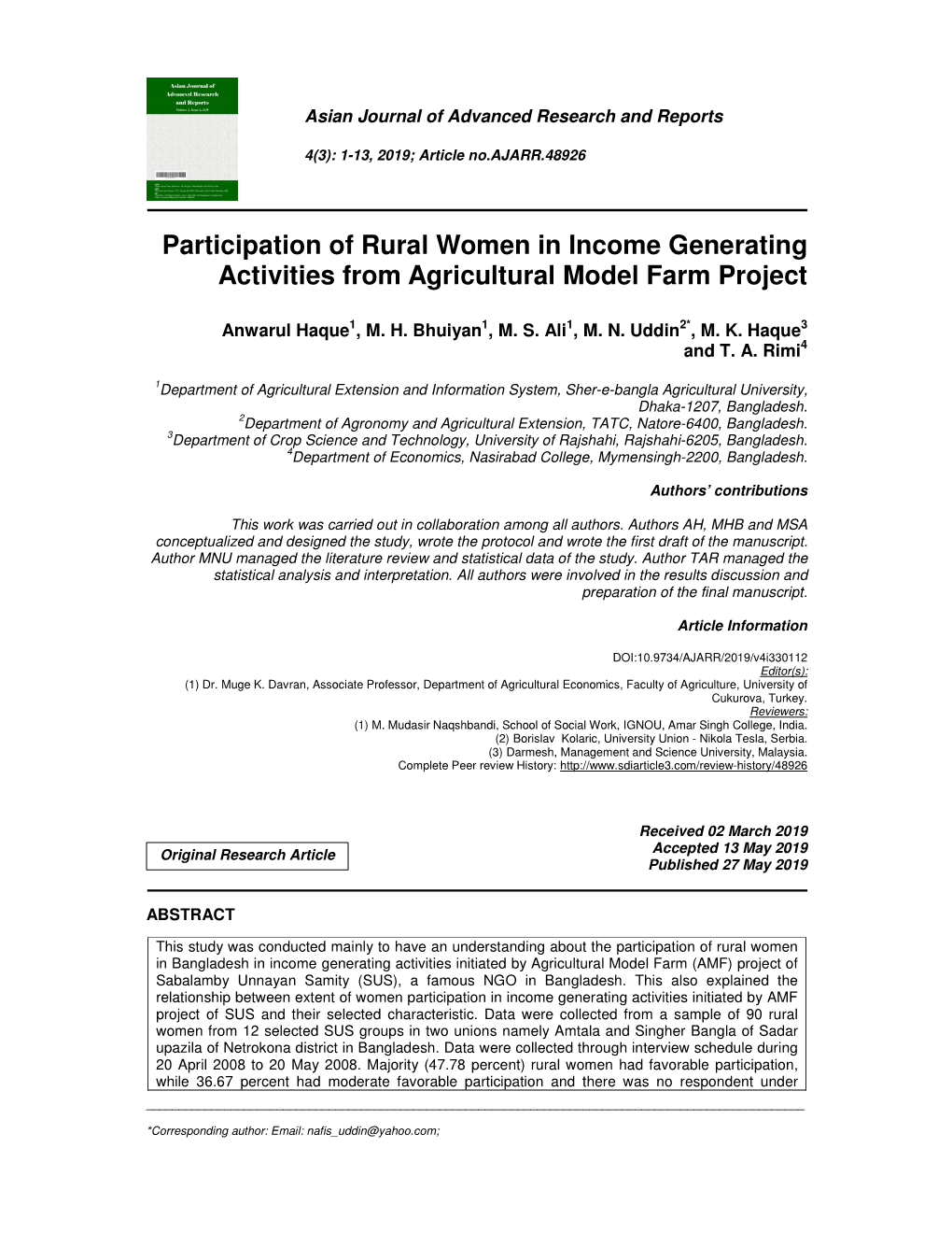 Participation of Rural Women in Income Generating Activities from Agricultural Model Farm Project