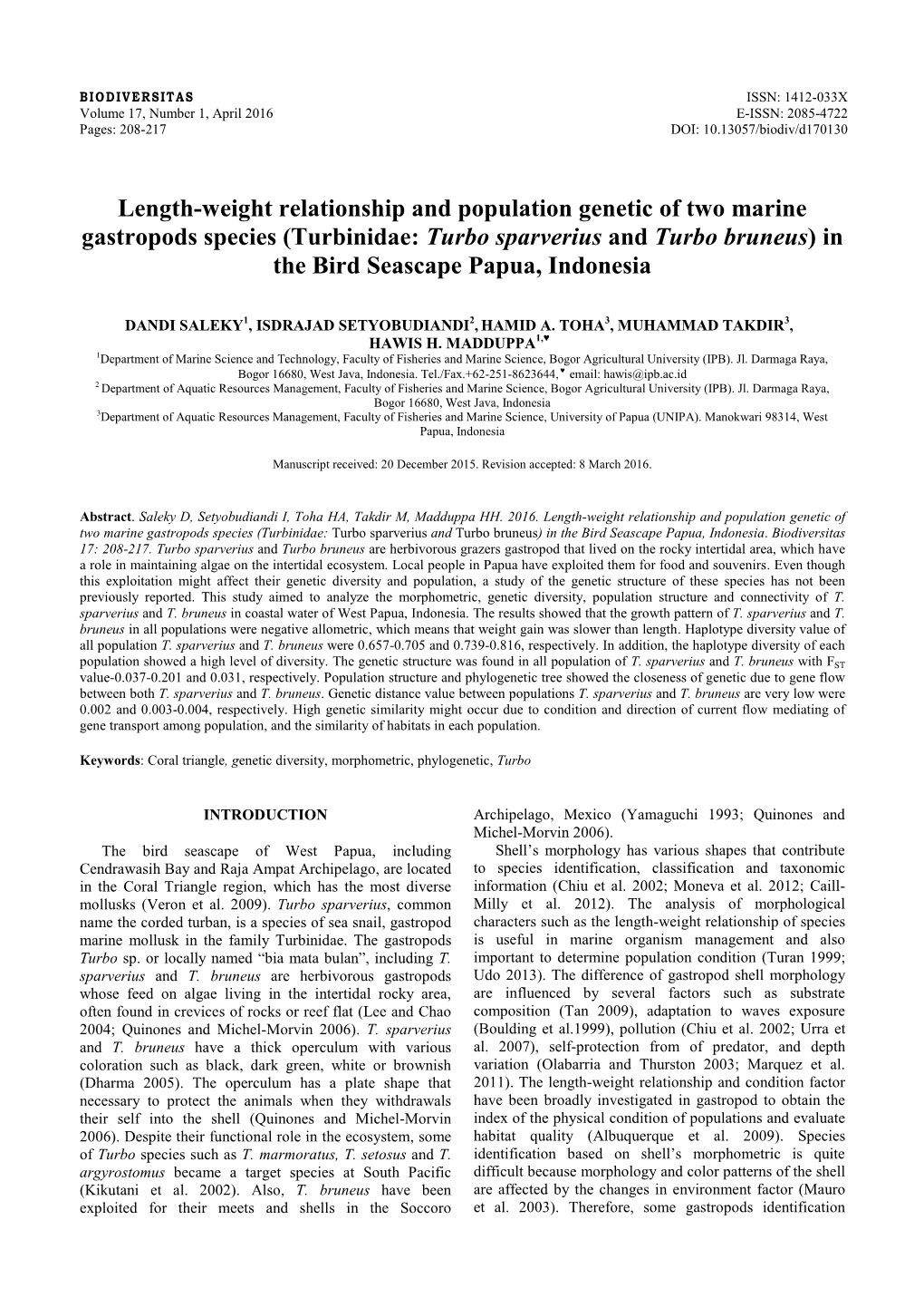 Turbinidae: Turbo Sparverius and Turbo Bruneus) in the Bird Seascape Papua, Indonesia