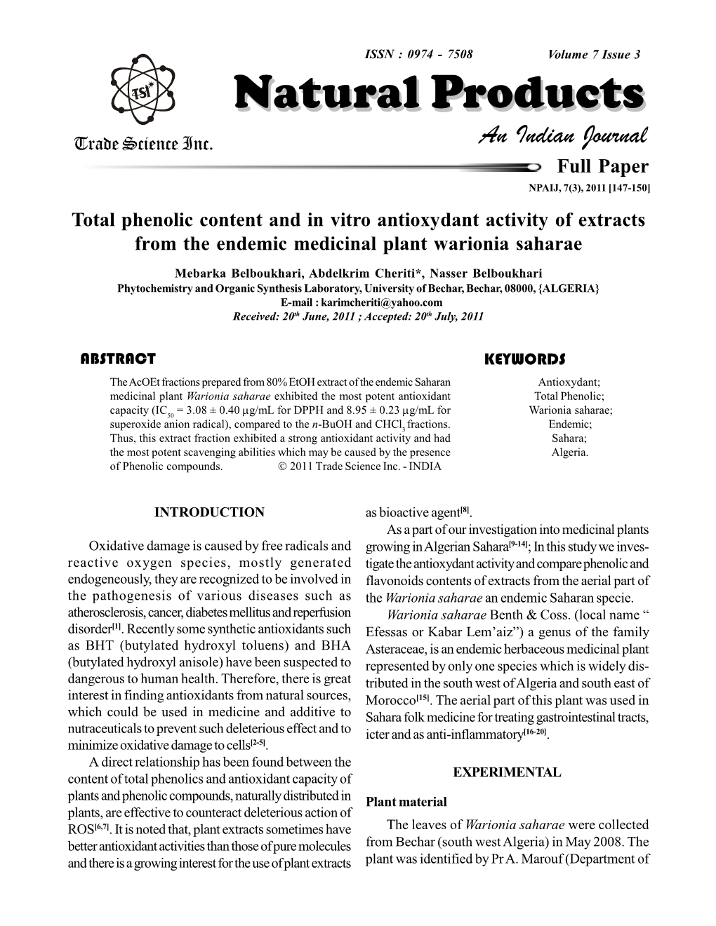 Total Phenolic Content and in Vitro Antioxydant Activity of Extracts from the Endemic Medicinal Plant Warionia Saharae