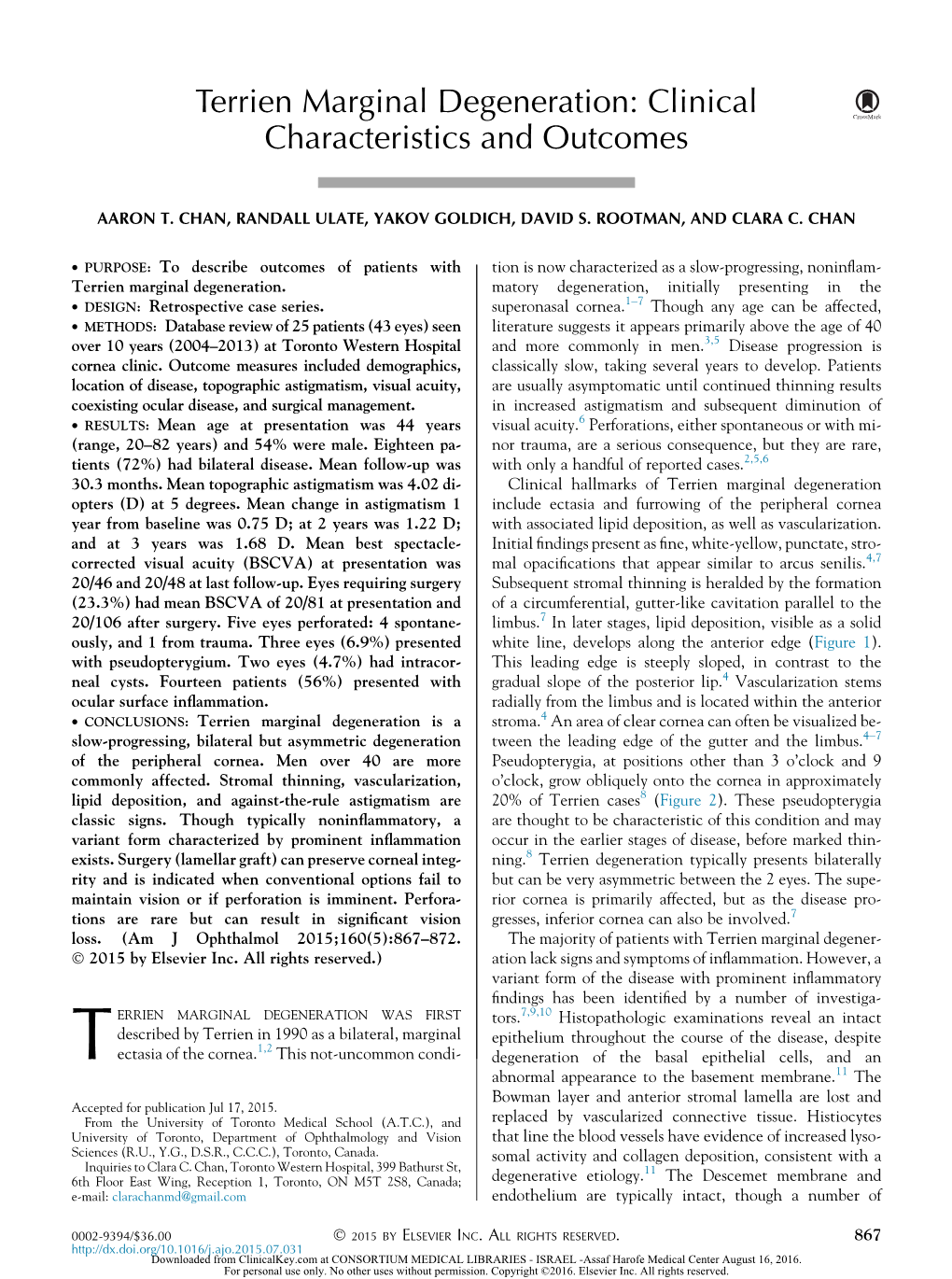 Terrien Marginal Degeneration: Clinical Characteristics and Outcomes