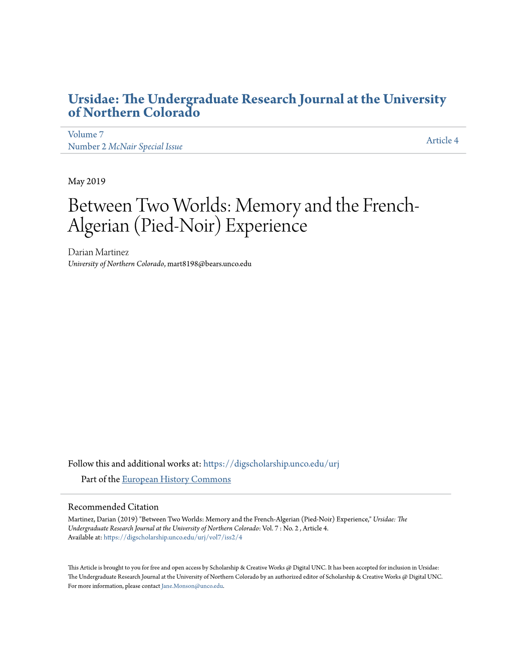 Between Two Worlds: Memory and the French-Algerian (Pied-Noir) Experience,