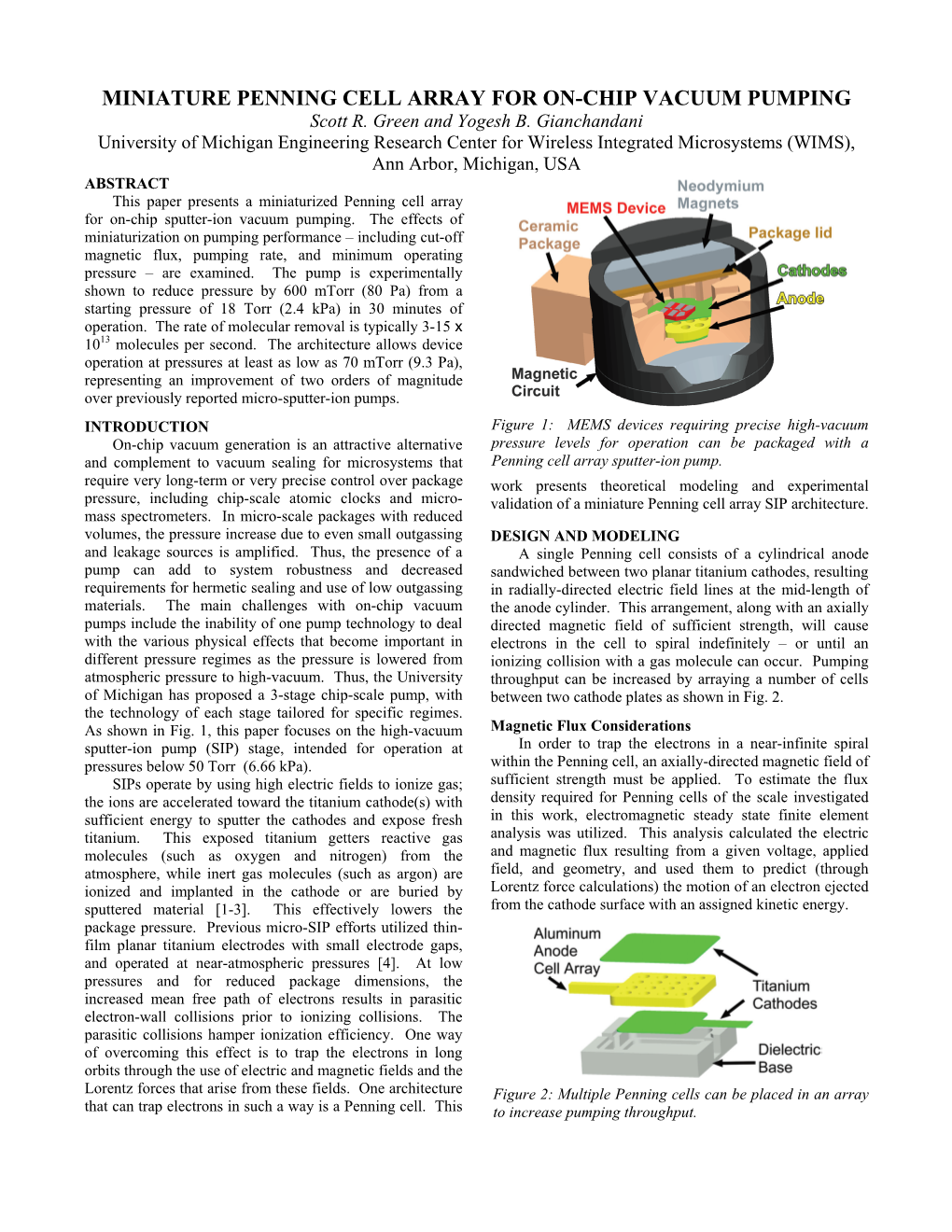 MINIATURE PENNING CELL ARRAY for ON-CHIP VACUUM PUMPING Scott R