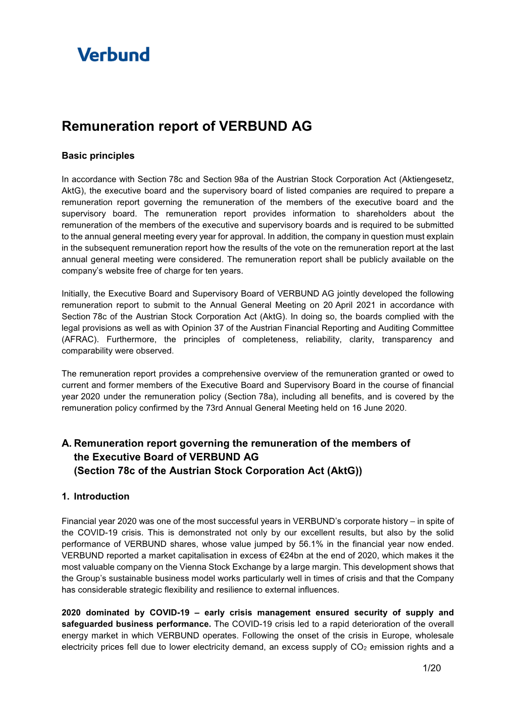 Remuneration Report of VERBUND AG