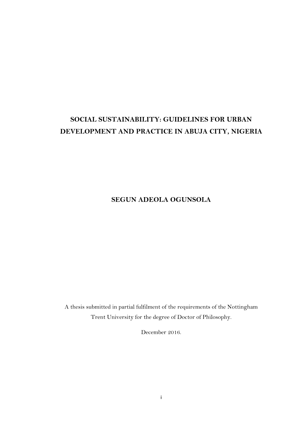 Social Sustainability: Guidelines for Urban Development and Practice in Abuja City, Nigeria