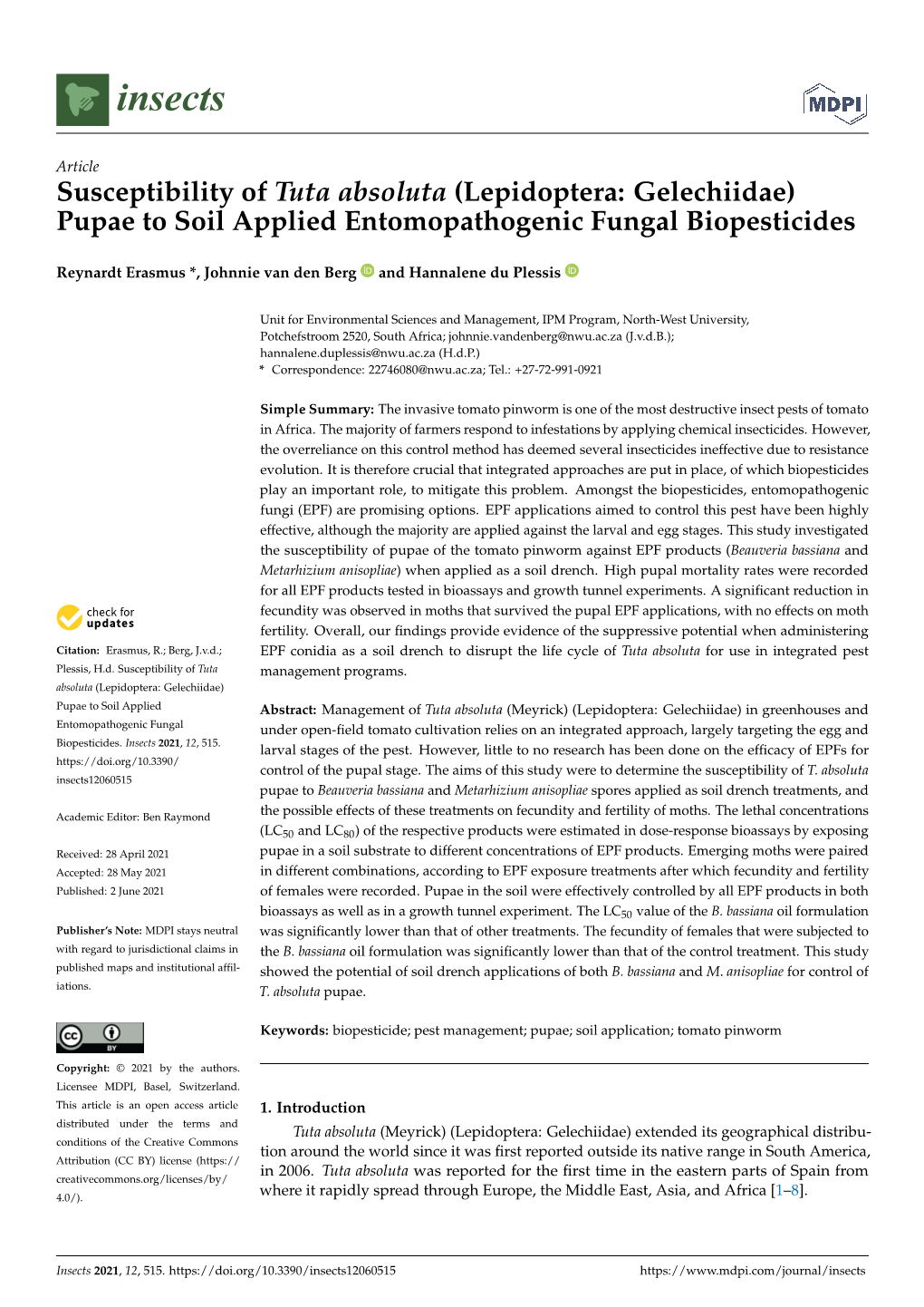 Susceptibility of Tuta Absoluta (Lepidoptera: Gelechiidae) Pupae to Soil Applied Entomopathogenic Fungal Biopesticides