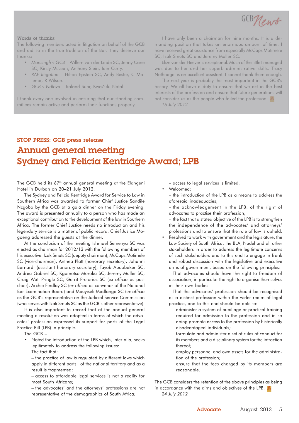 Annual General Meeting Sydney and Felicia Kentridge Award; LPB