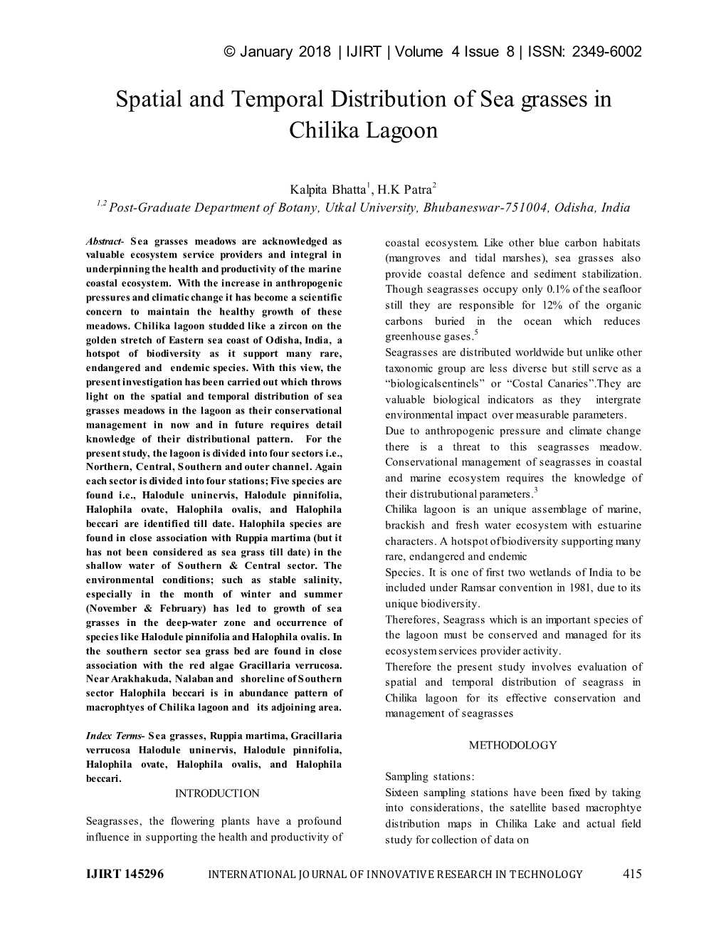 Spatial and Temporal Distribution of Sea Grasses in Chilika Lagoon
