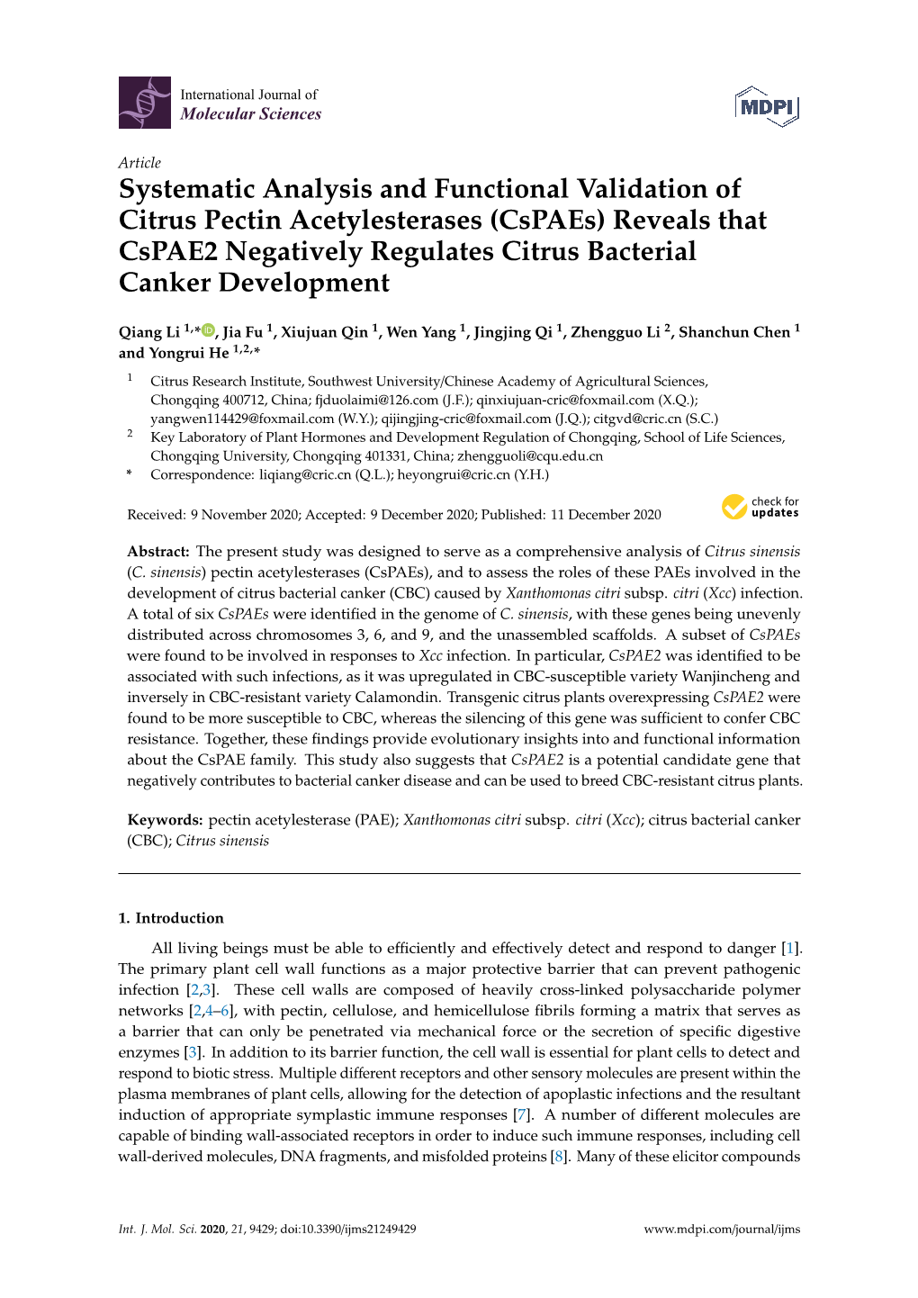 Systematic Analysis and Functional Validation of Citrus Pectin Acetylesterases (Cspaes) Reveals That Cspae2 Negatively Regulates Citrus Bacterial Canker Development