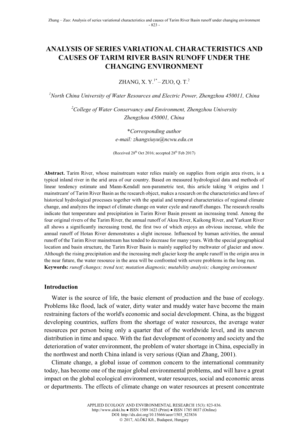 Analysis of Tarim River Basin's Runoff Variation Characteristics and Cause