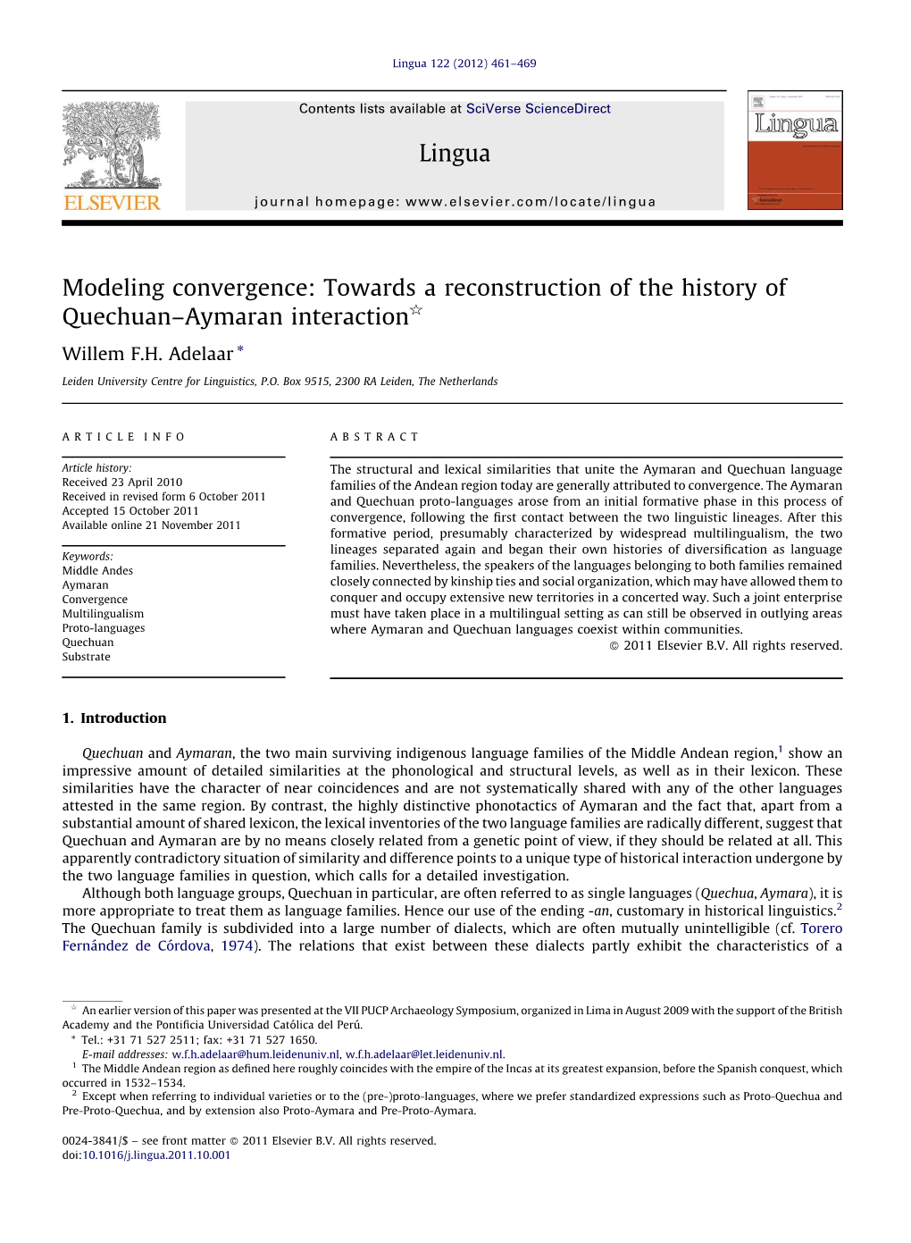 Towards a Reconstruction of the History of Quechuan–Aymaran Interaction§ Willem F.H