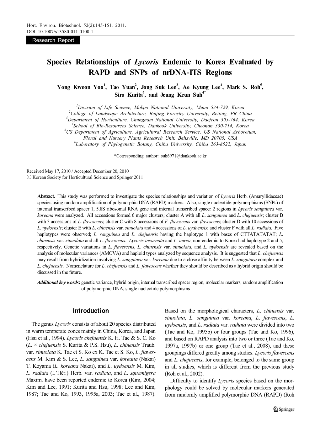 Species Relationships of Lycoris Endemic to Korea Evaluated by RAPD and Snps of Nrdna-ITS Regions