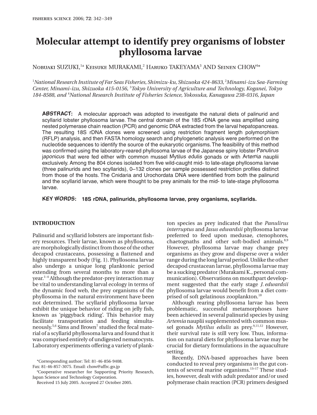 Fisheries Science0919 92682006 Blackwell Science Asia Pty Ltdapril 2006722342349Original Articlemolecular Diet Analysis for Lobster Larvae N Suzuki Et Al