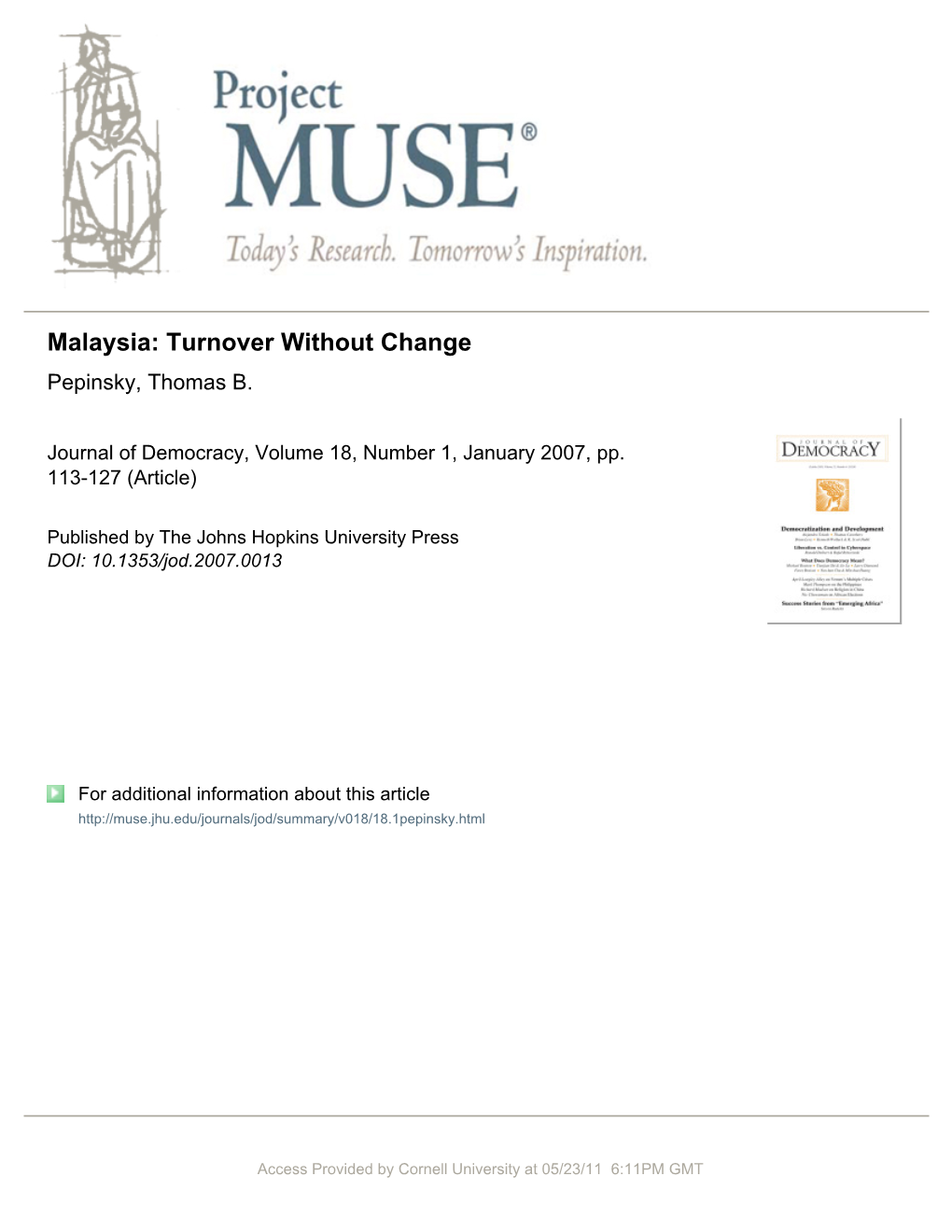 Malaysia: Turnover Without Change Pepinsky, Thomas B