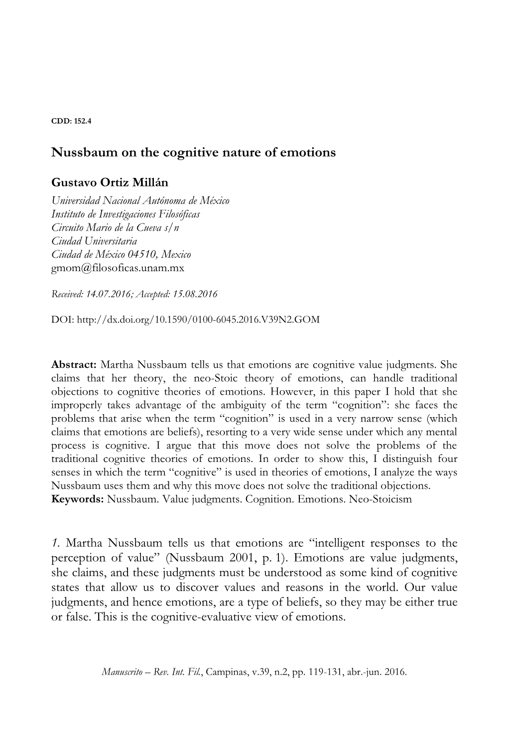 Nussbaum on the Cognitive Nature of Emotions