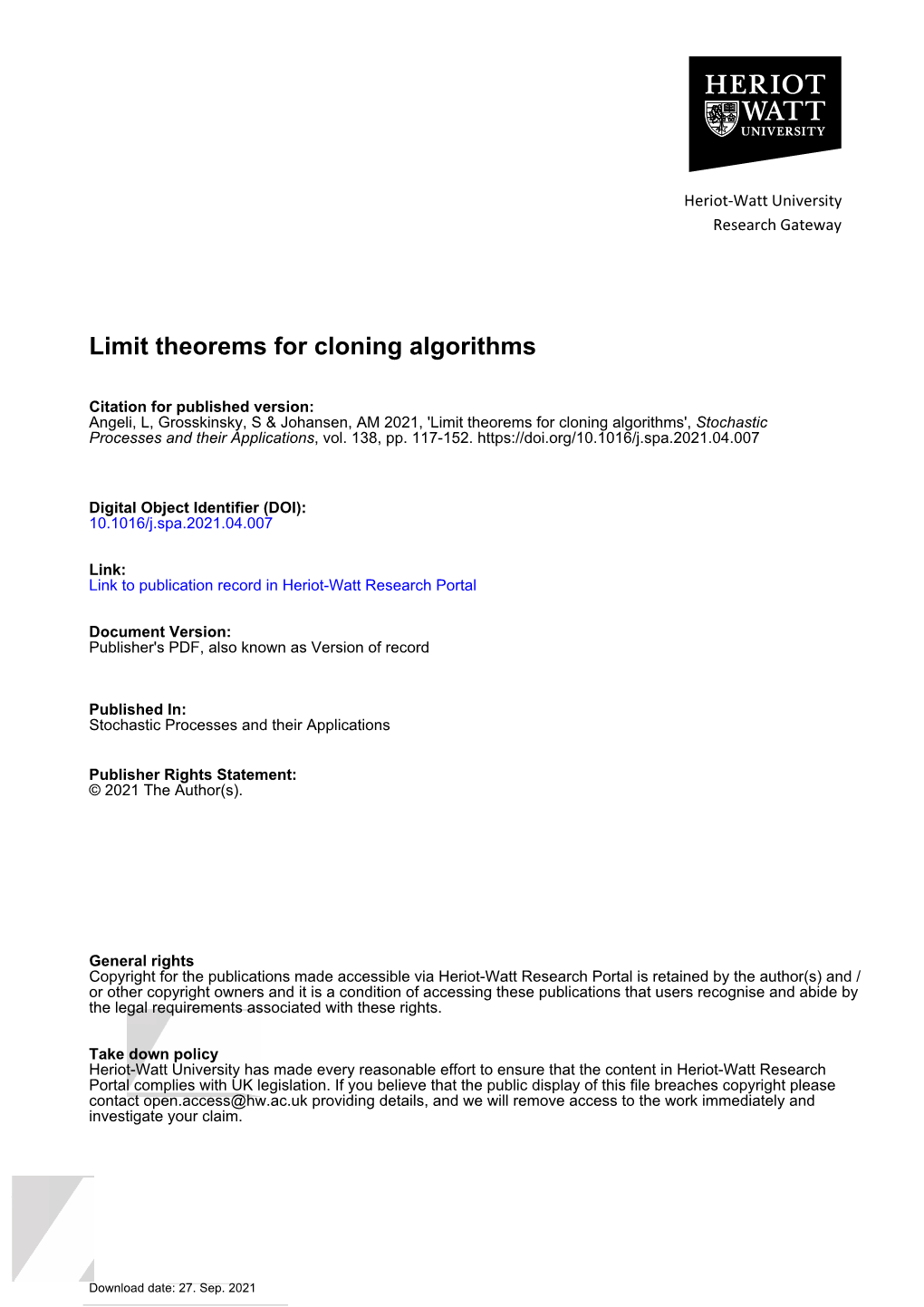 Limit Theorems for Cloning Algorithms
