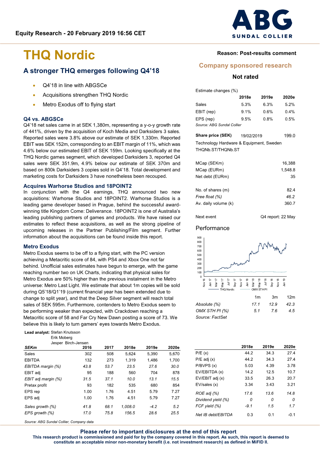 THQ Nordic Reason: Post-Results Comment Company Sponsored Research a Stronger THQ Emerges Following Q4’18 Not Rated