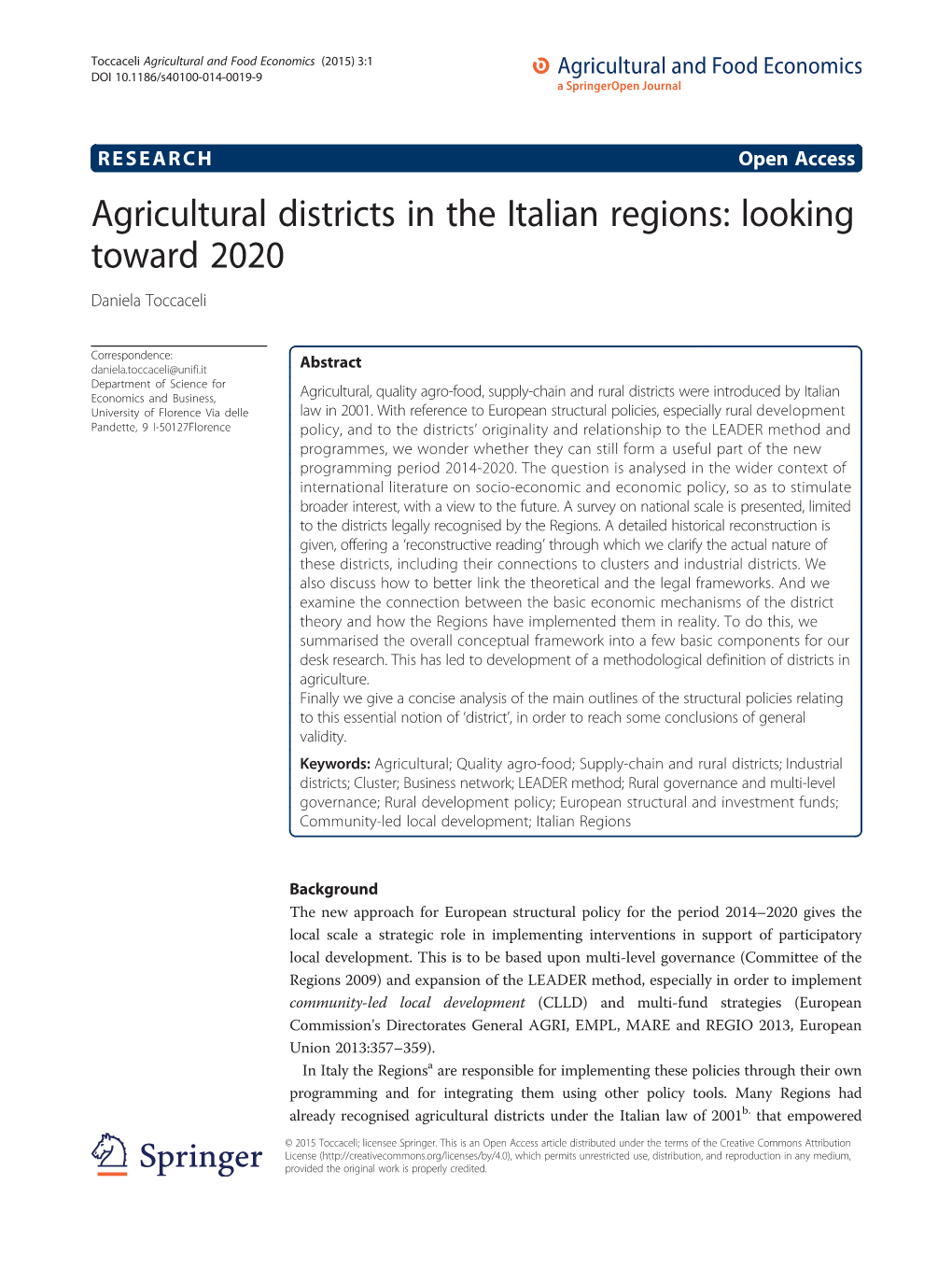 Agricultural Districts in the Italian Regions: Looking Toward 2020 Daniela Toccaceli