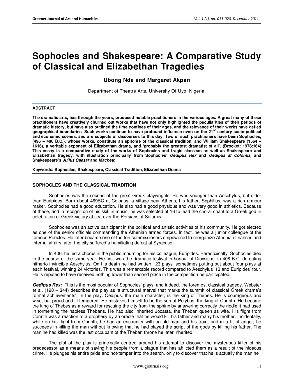 Sophocles and Shakespeare: a Comparative Study of Classical and Elizabethan Tragedies