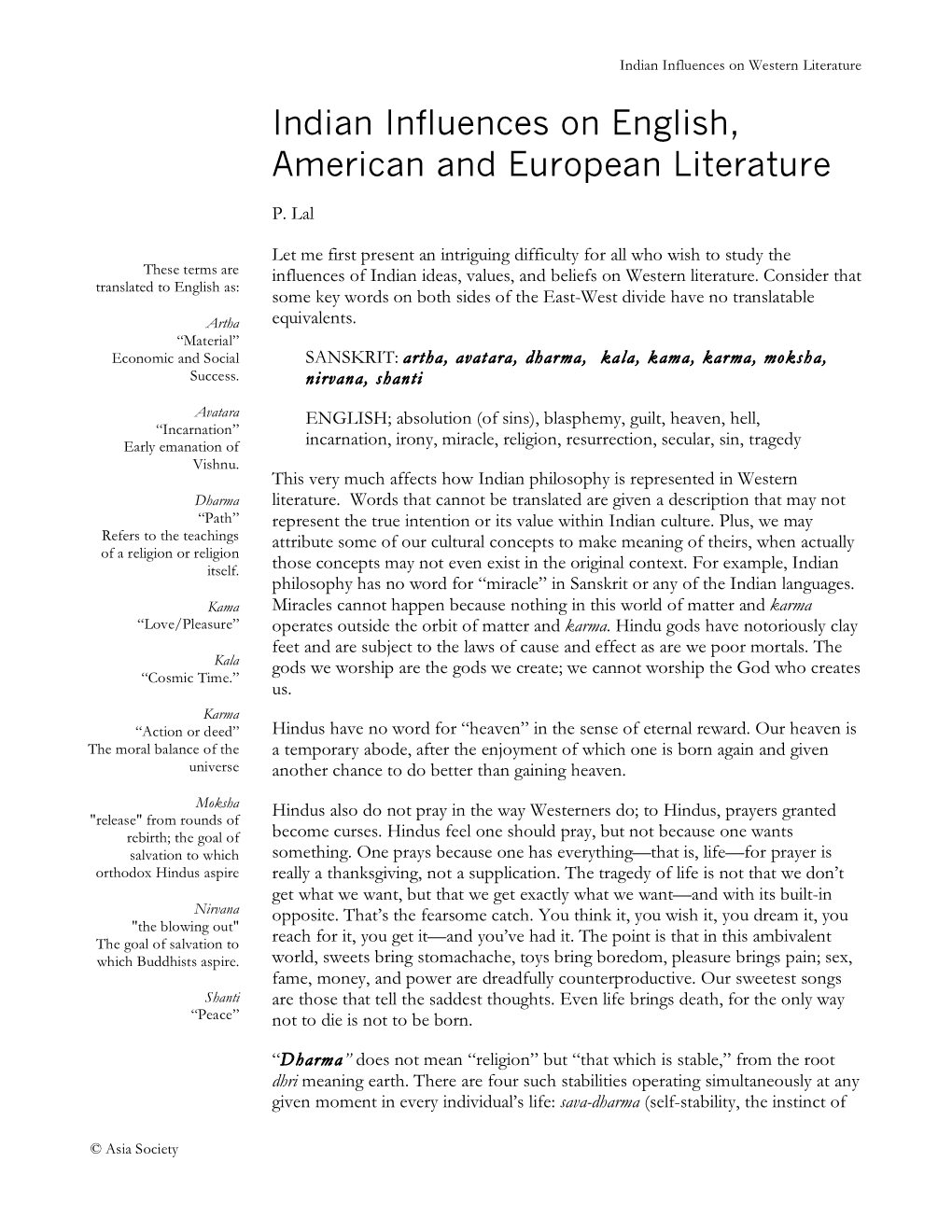 Indian Influences on English, American and European Literature