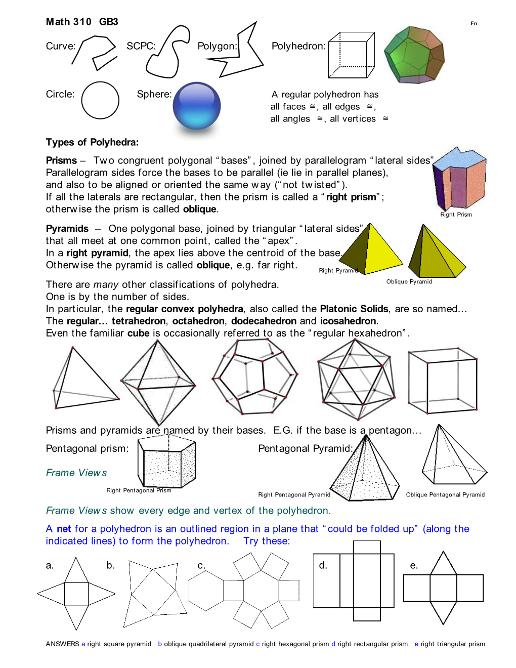 Math 310 GB3 Curve: SCPC: Polygon: Polyhedron: Circle