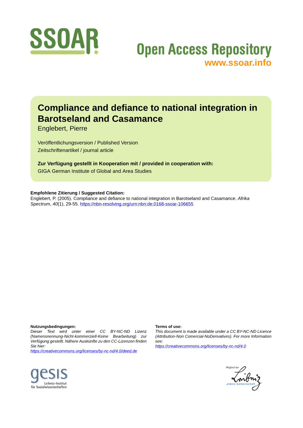 Compliance and Defiance to National Integration in Barotseland and Casamance Englebert, Pierre