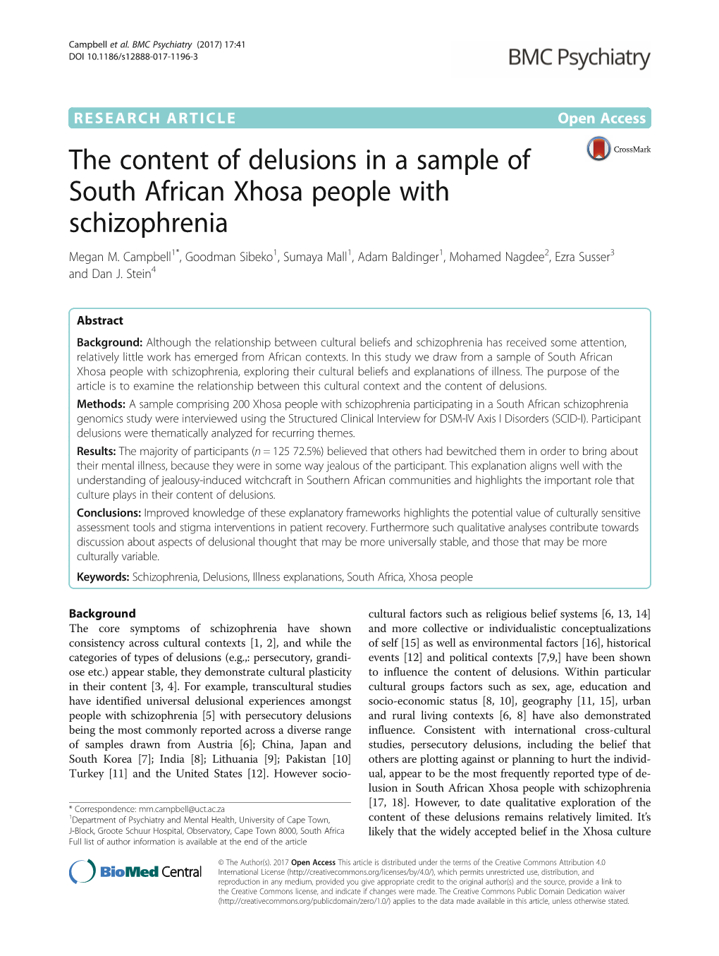 The Content of Delusions in a Sample of South African Xhosa People with Schizophrenia Megan M