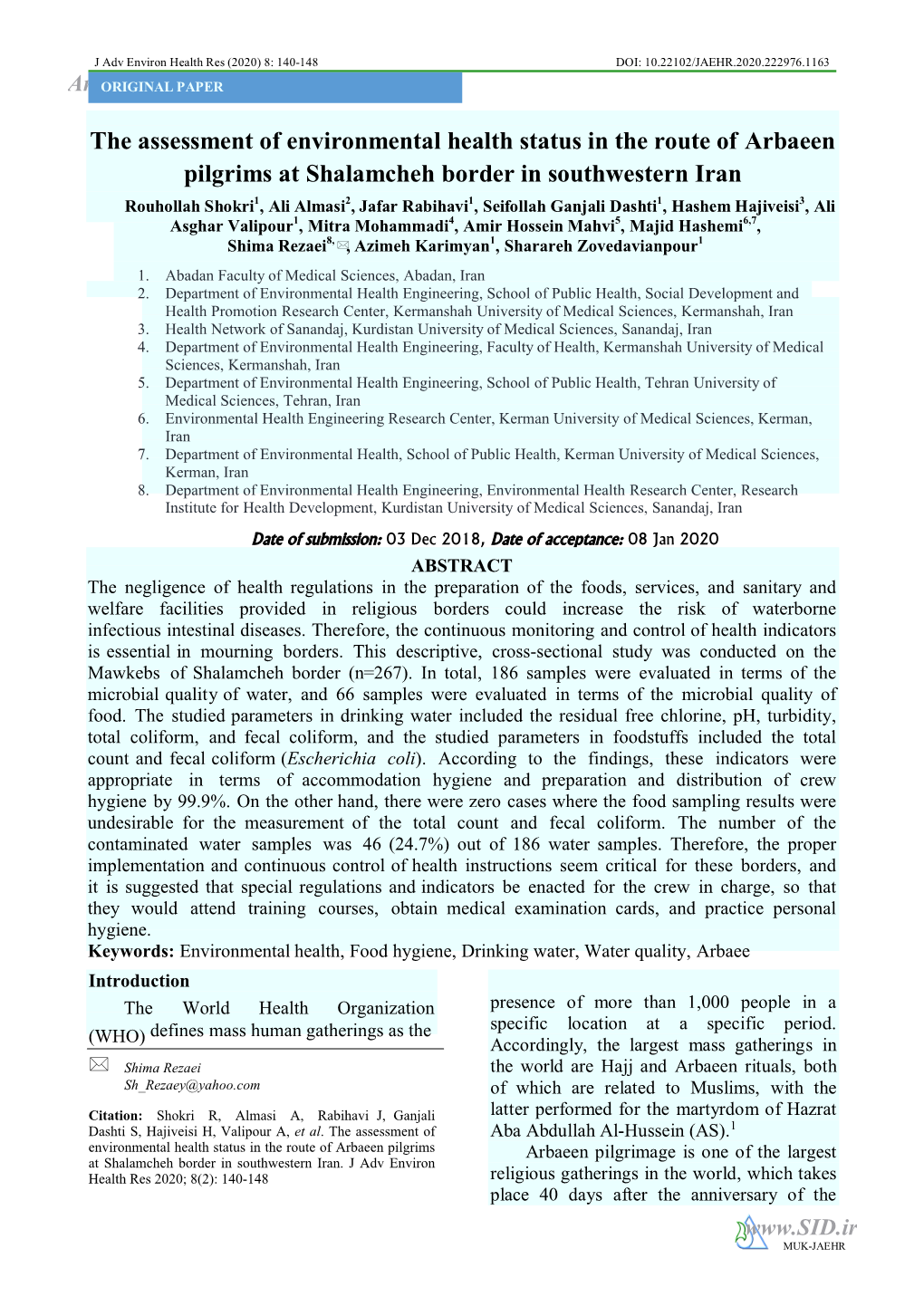 The Assessment of Environmental Health Status in the Route Of