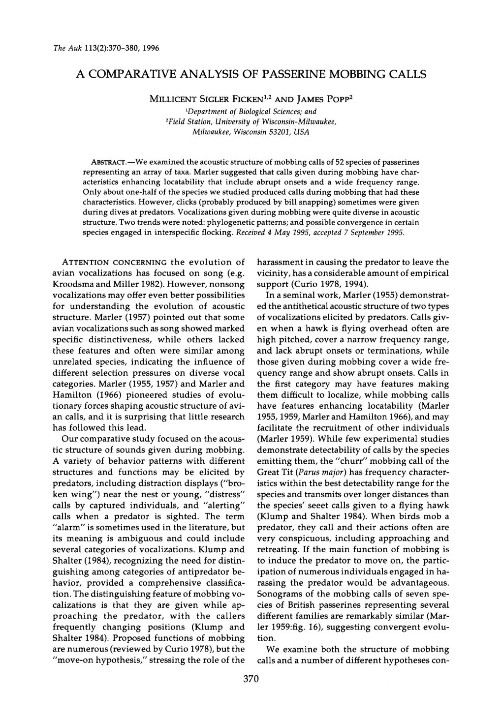 A Comparative Analysis of Passerine Mobbing Calls