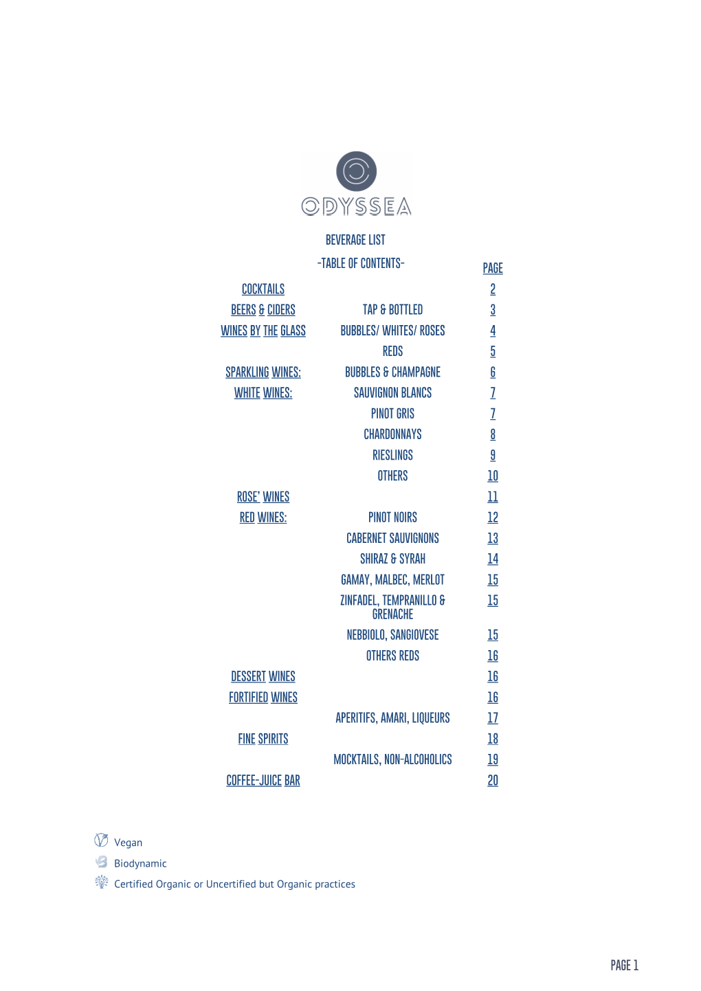 Beverage List -Table of Contents- Page