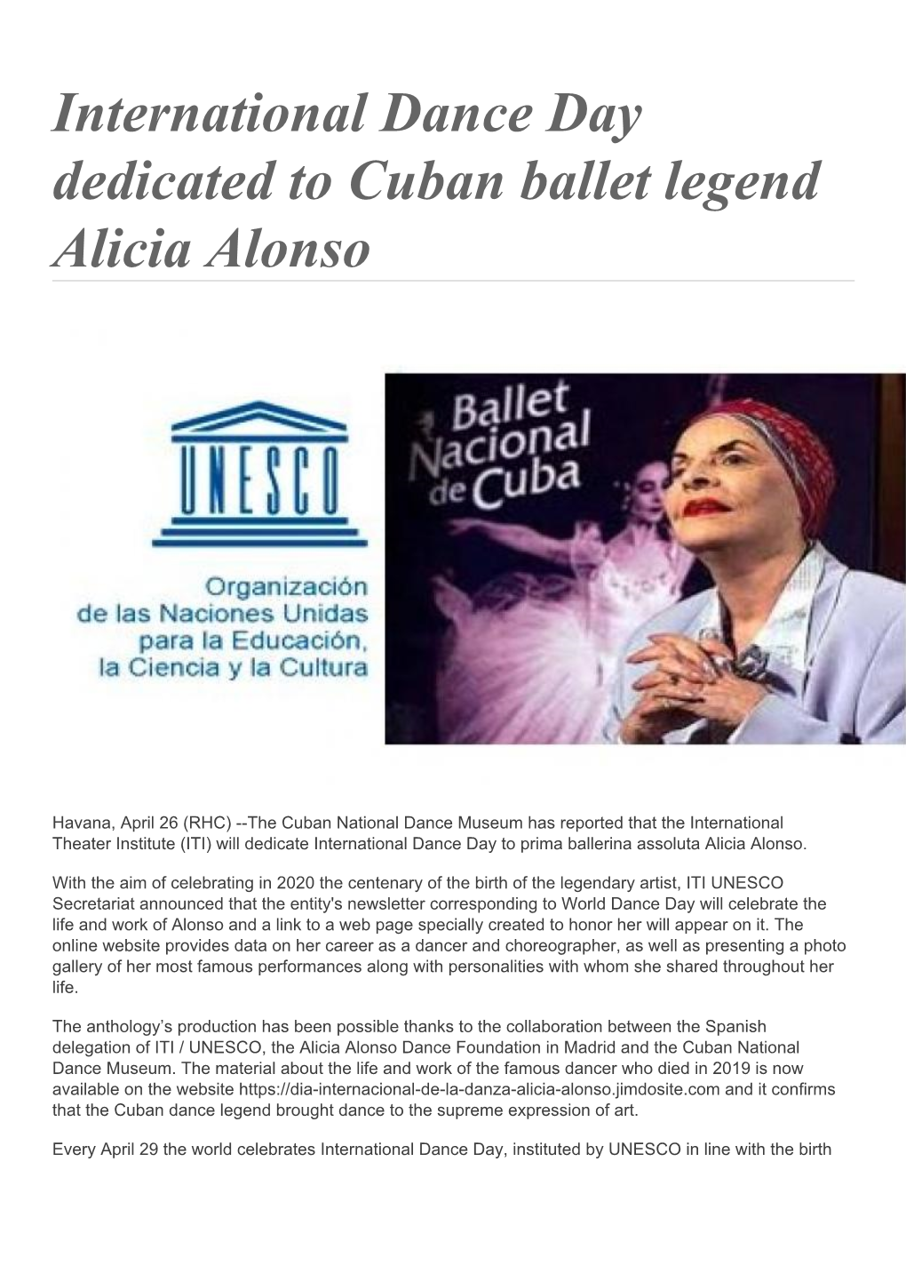 International Dance Day Dedicated to Cuban Ballet Legend Alicia Alonso