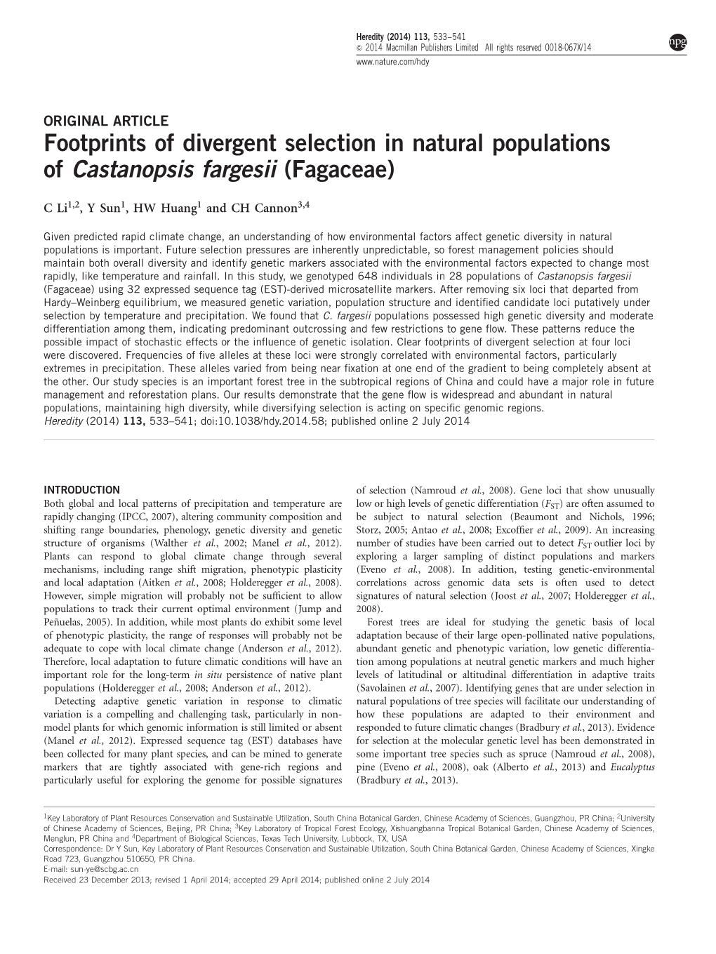Footprints of Divergent Selection in Natural Populations of Castanopsis Fargesii (Fagaceae)