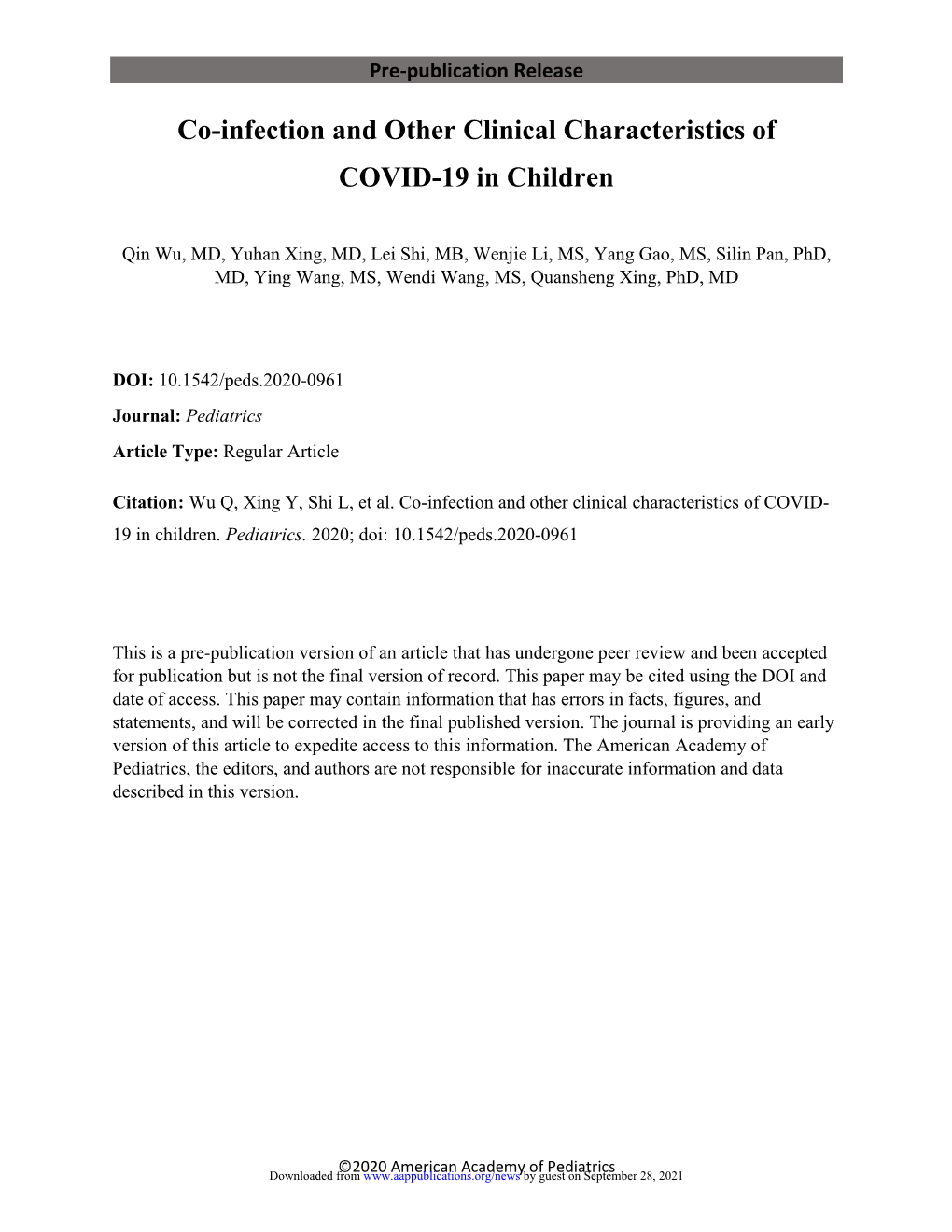 Co-Infection and Other Clinical Characteristics of COVID-19 in Children