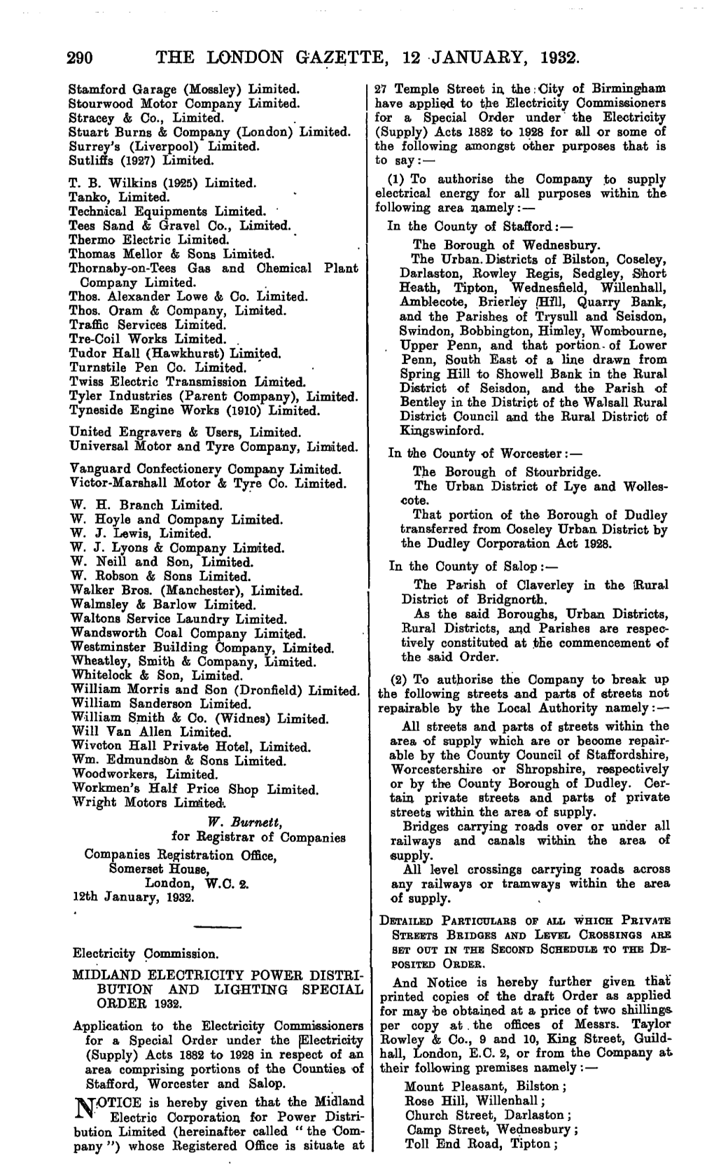 THE LONDON GAZETTE, 12 JANUARY, 1932. Stamford Garage (Mossley) Limited